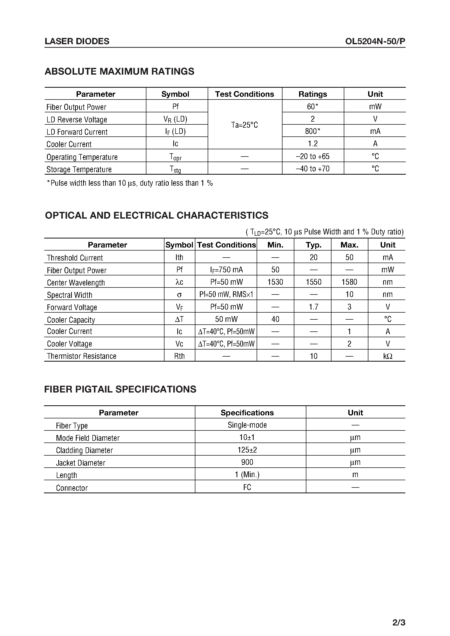Datasheet OL5204N-50 - 1.55 mm High-Power DIP Module with 9mm Profile page 2