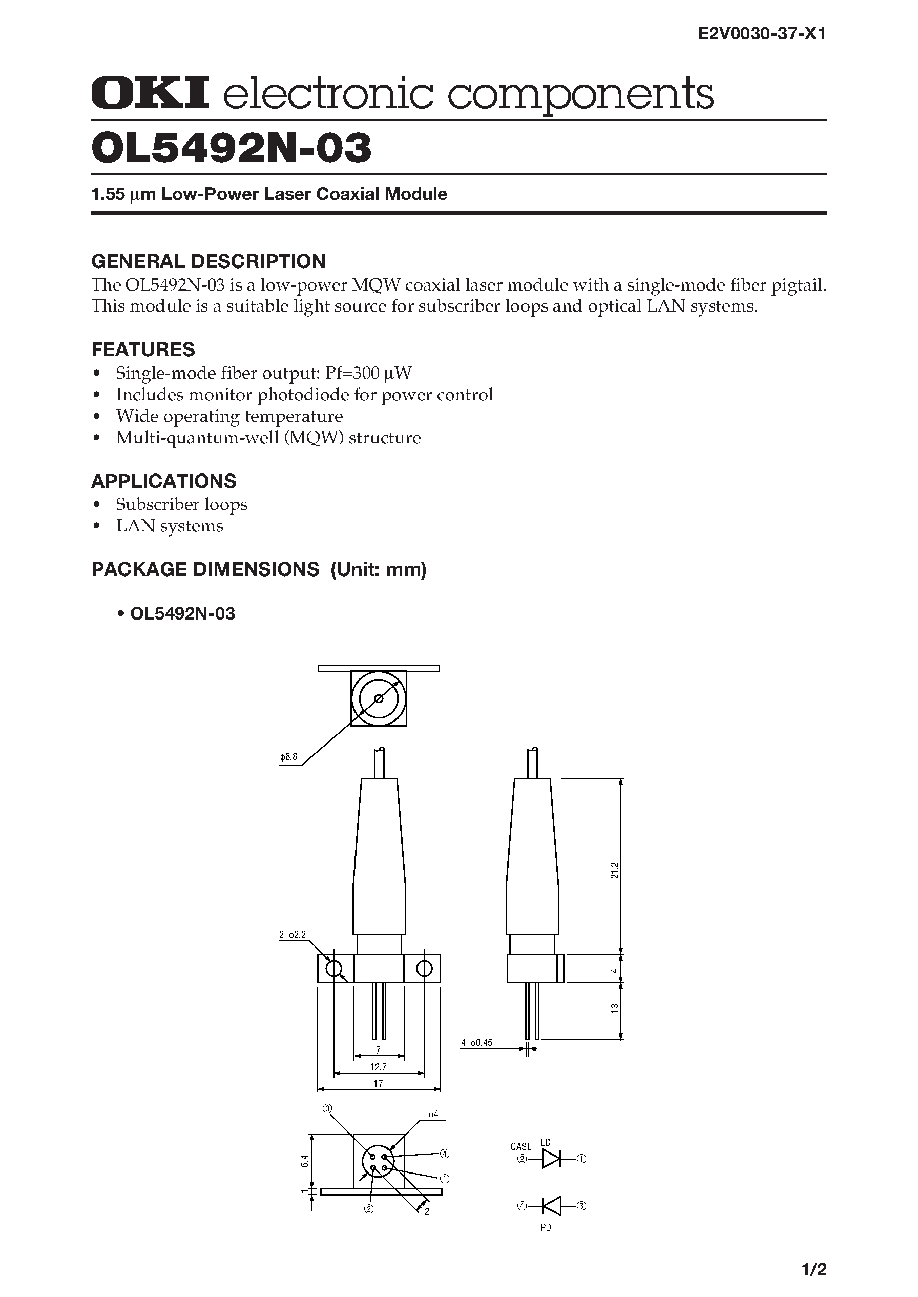 Datasheet OL5492N-03 - 1.55 mm Low-Power Laser Coaxial Module page 1