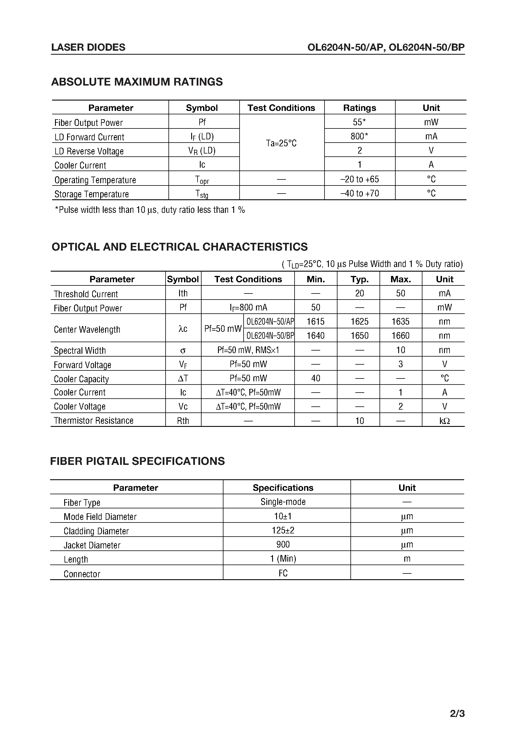 Даташит OL6204N-50 - 1.6 m High-Power DIP Module with 9mm Profile страница 2