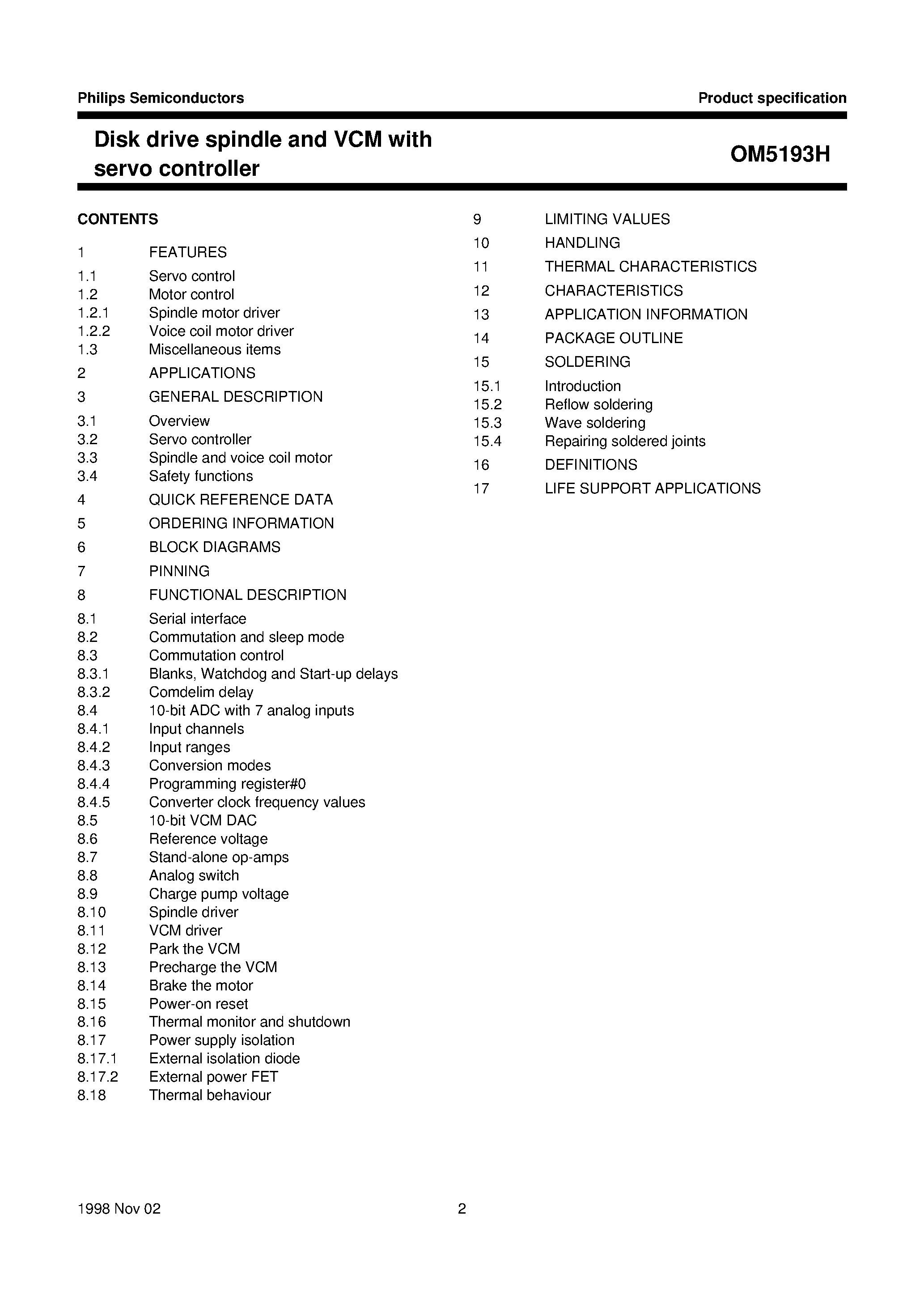 Datasheet OM5193H page 2 Datasheet OM5193H - Disk drive spindle and VCM with servo controller page 2