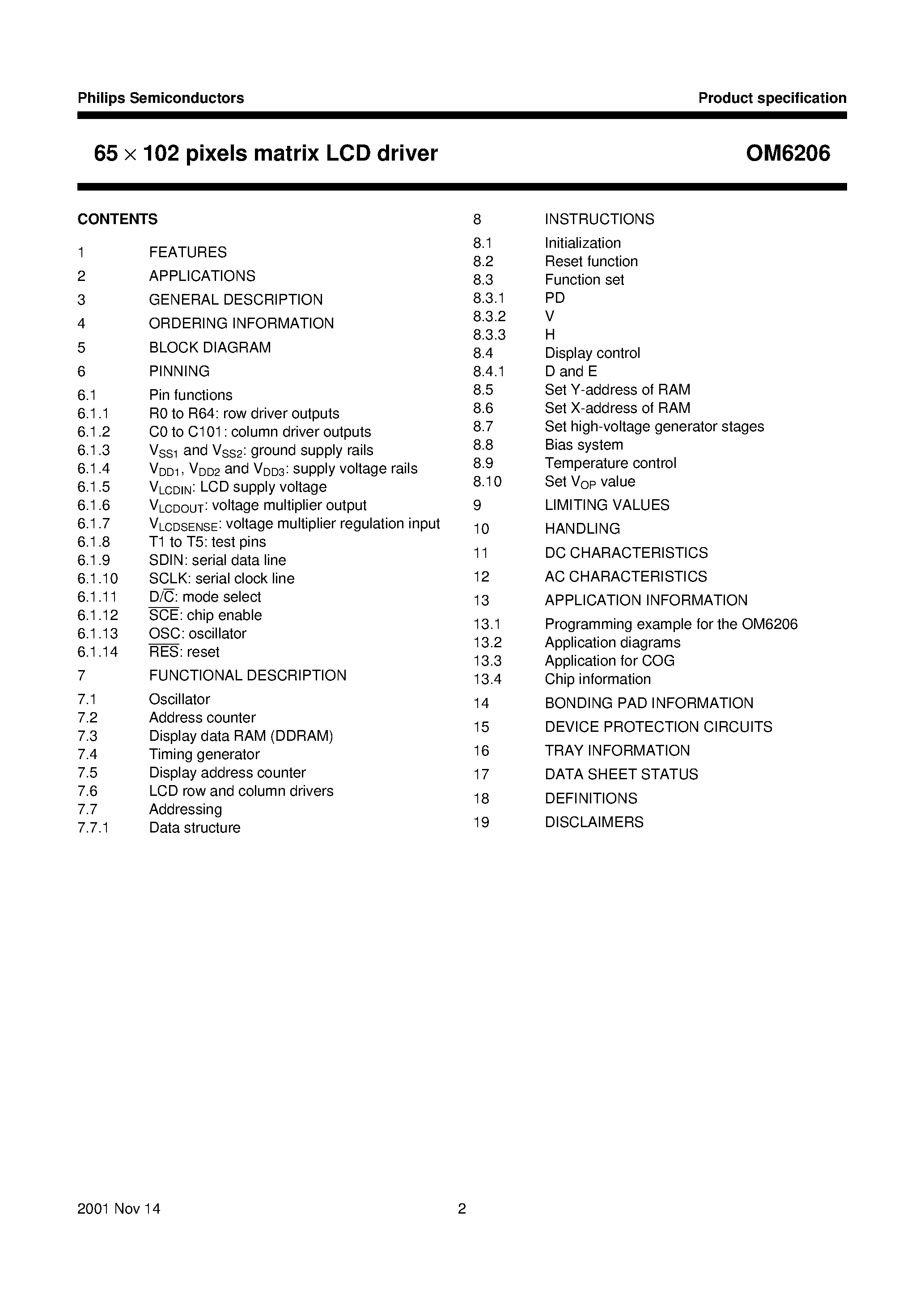 Datasheet OM6206U - 65 X 102 pixels matrix LCD driver page 2