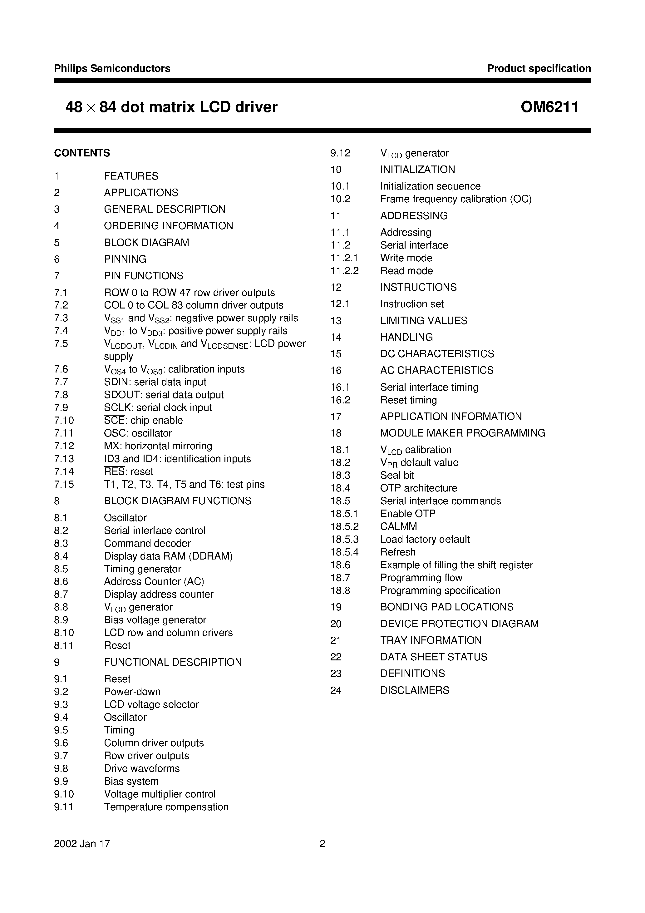 Datasheet OM62112 - 48 X 84 dot matrix LCD driver page 2