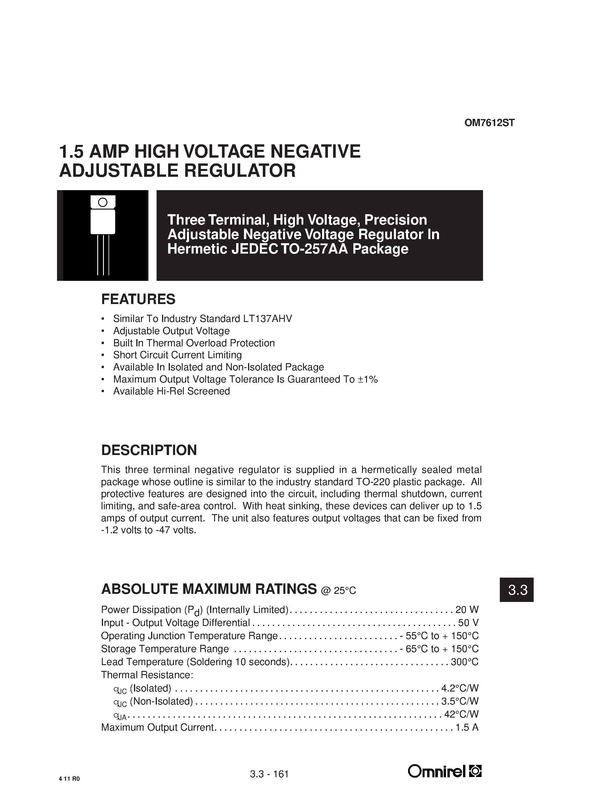 Datasheet OM7612ST - 1.5 AMP HIGH VOLTAGE NEGATIVE ADJUSTABLE REGULATOR page 1