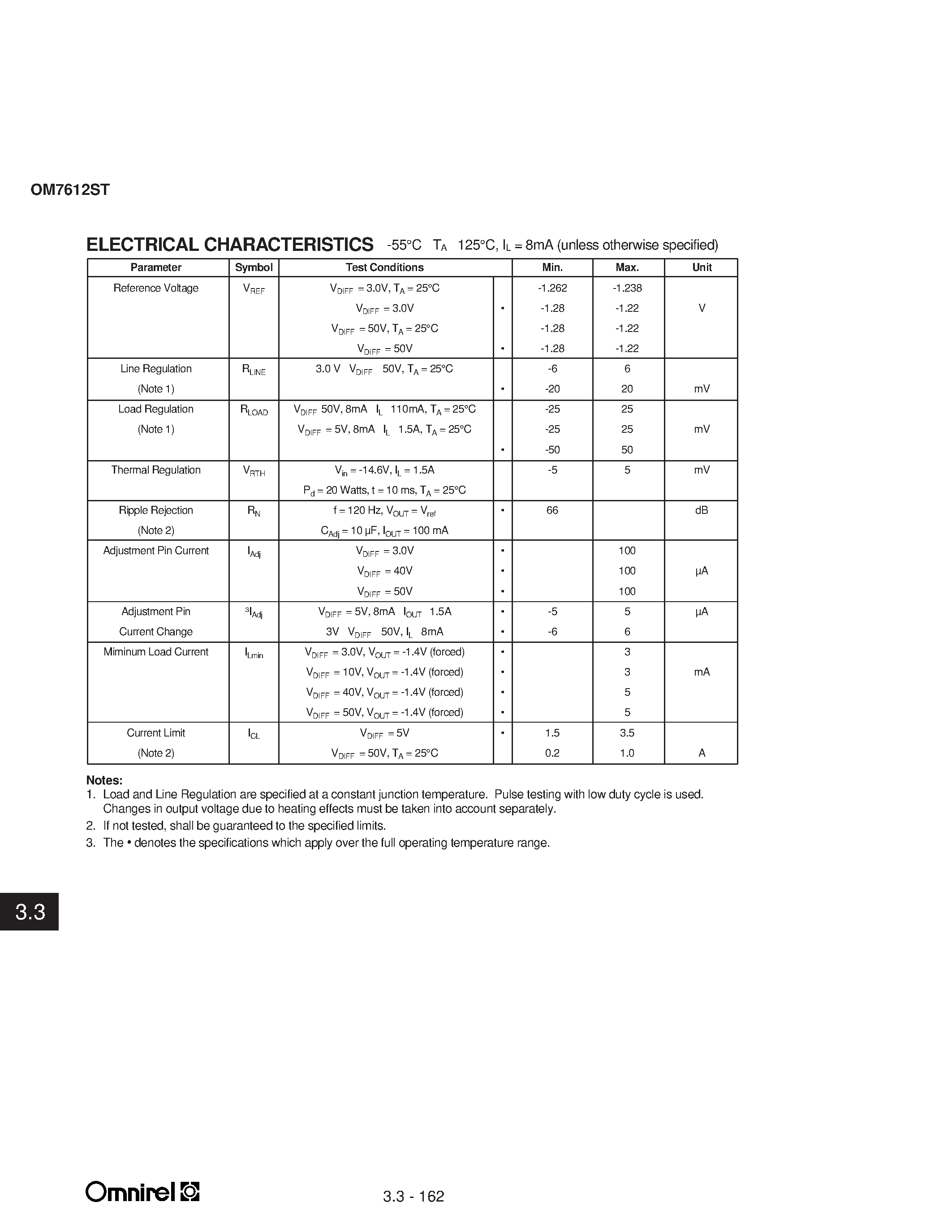 Datasheet OM7612ST - 1.5 AMP HIGH VOLTAGE NEGATIVE ADJUSTABLE REGULATOR page 2