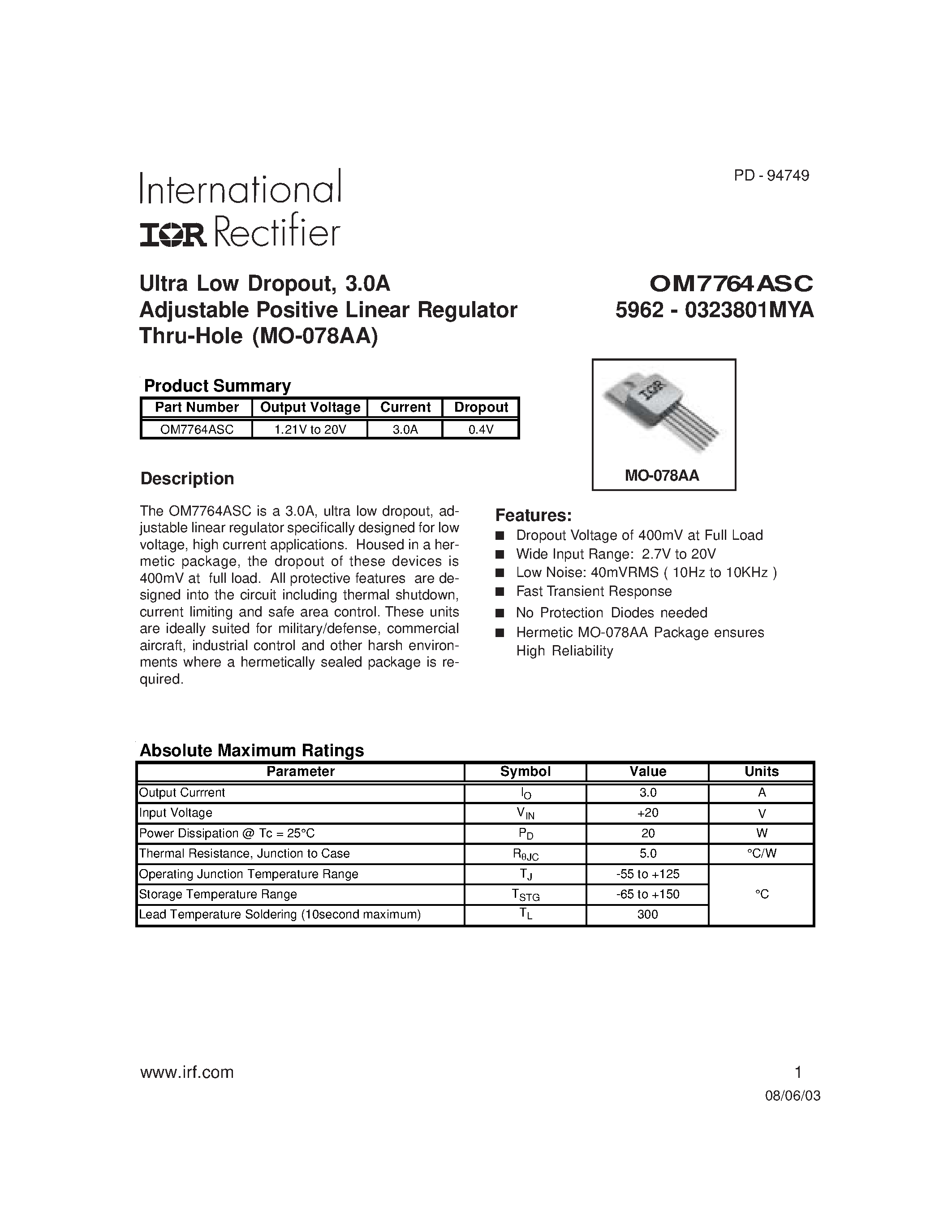 Datasheet OM7764ASC - Ultra Low Dropout / 3.0A Adjustable Positive Linear Regulator 5962 - 0323801MYA Thru-Hole (MO-078AA) page 1