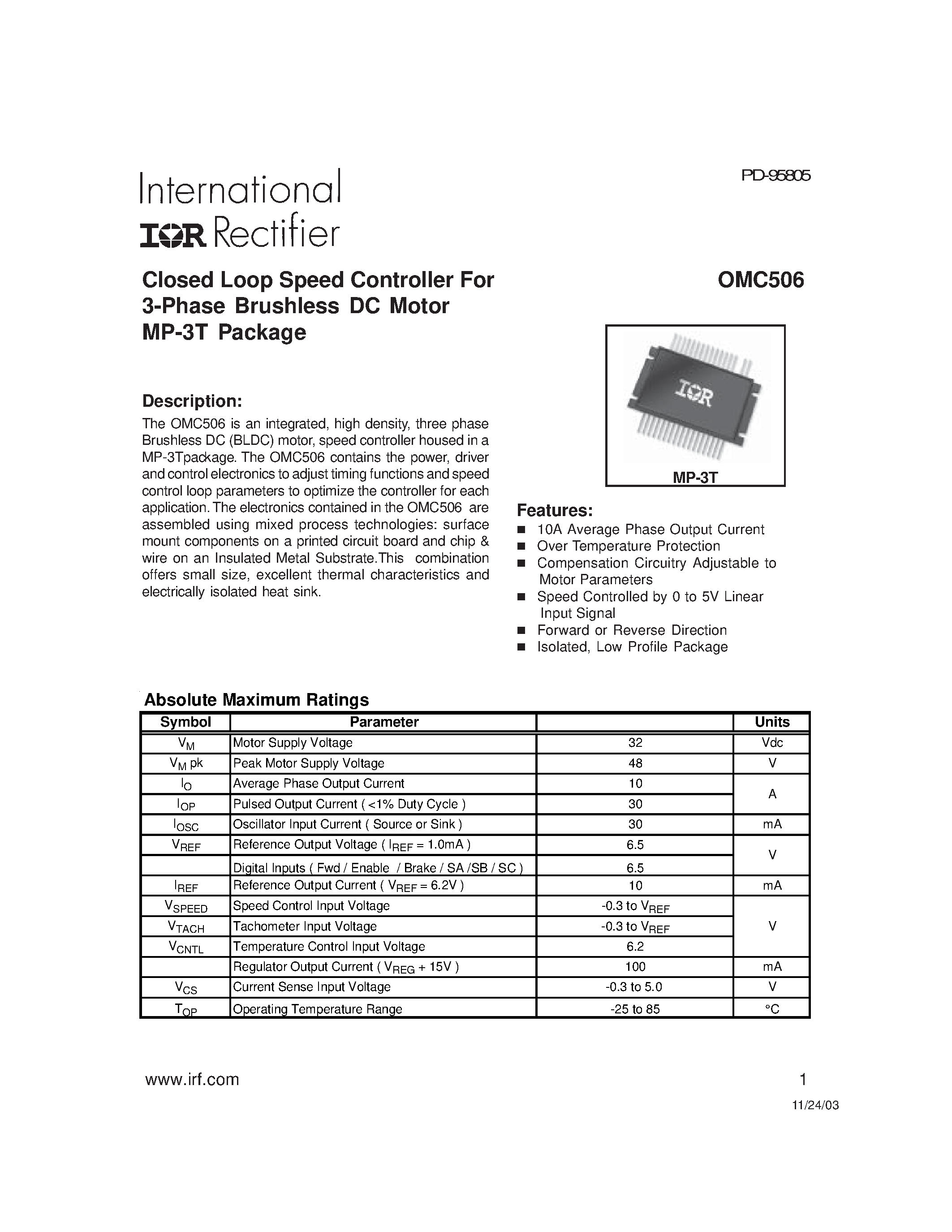 Datasheet OMC506 - Closed Loop Speed Controller For 3-Phase Brushless DC Motor MP-3T Package page 1