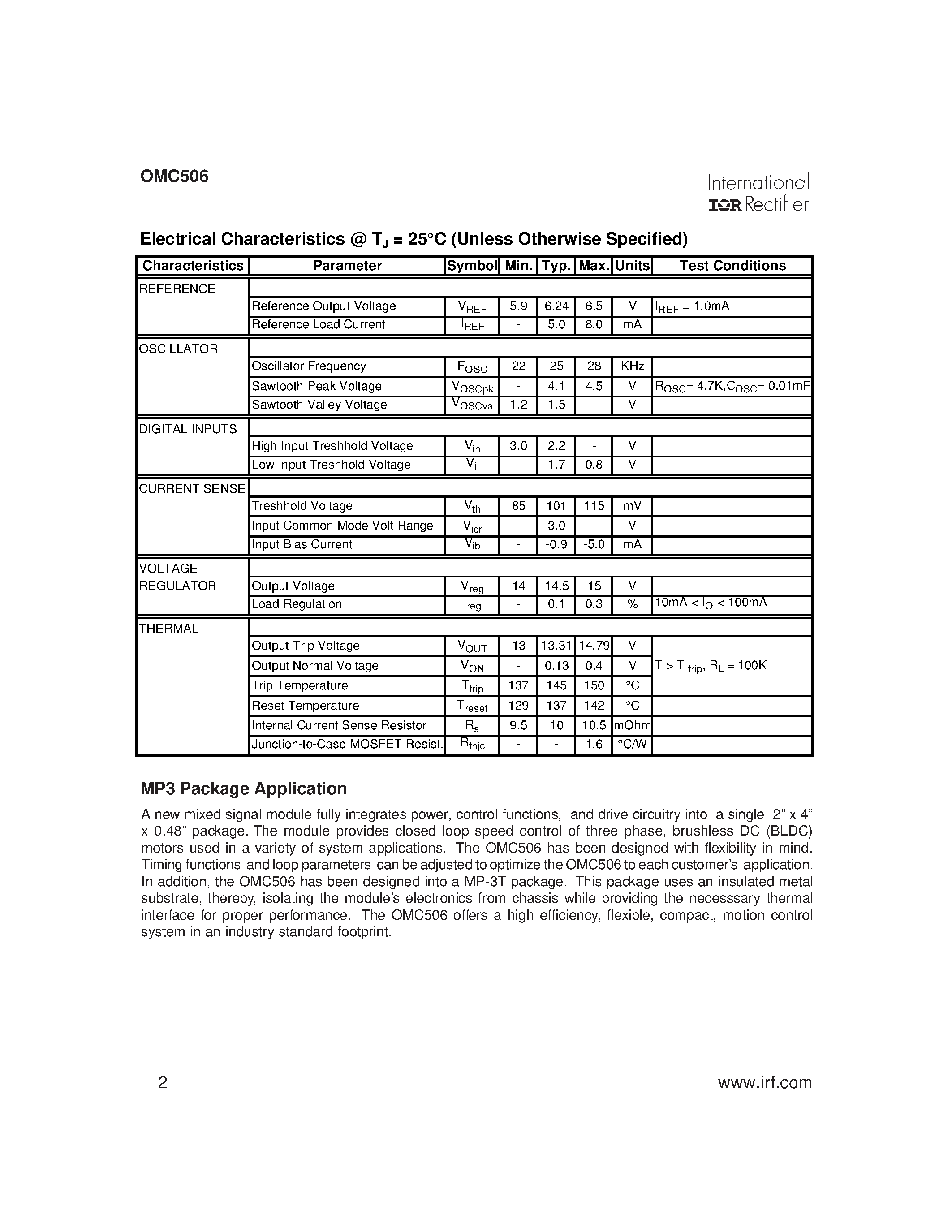 Datasheet OMC506 - Closed Loop Speed Controller For 3-Phase Brushless DC Motor MP-3T Package page 2