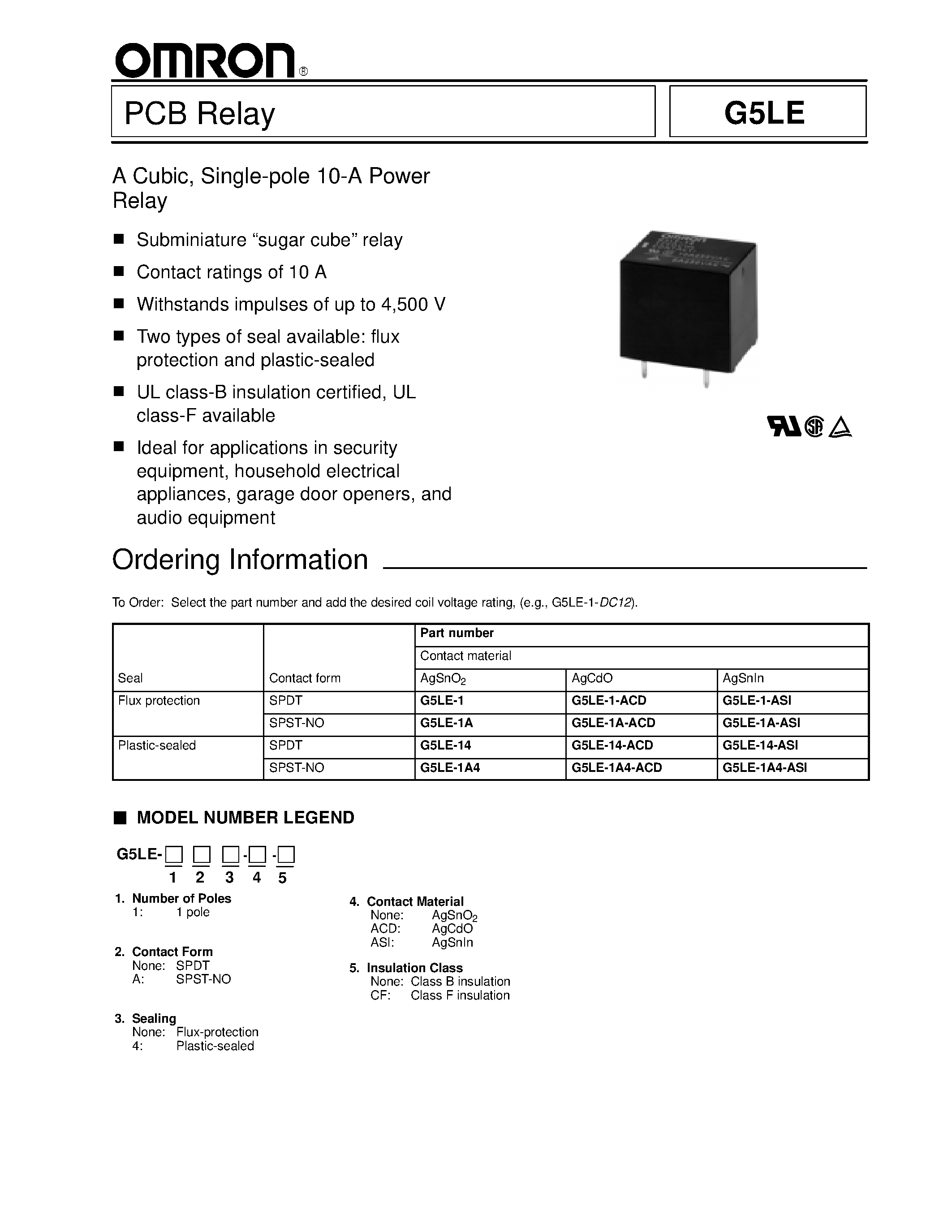 Даташит OMRONG5LE - PCB Relay страница 1