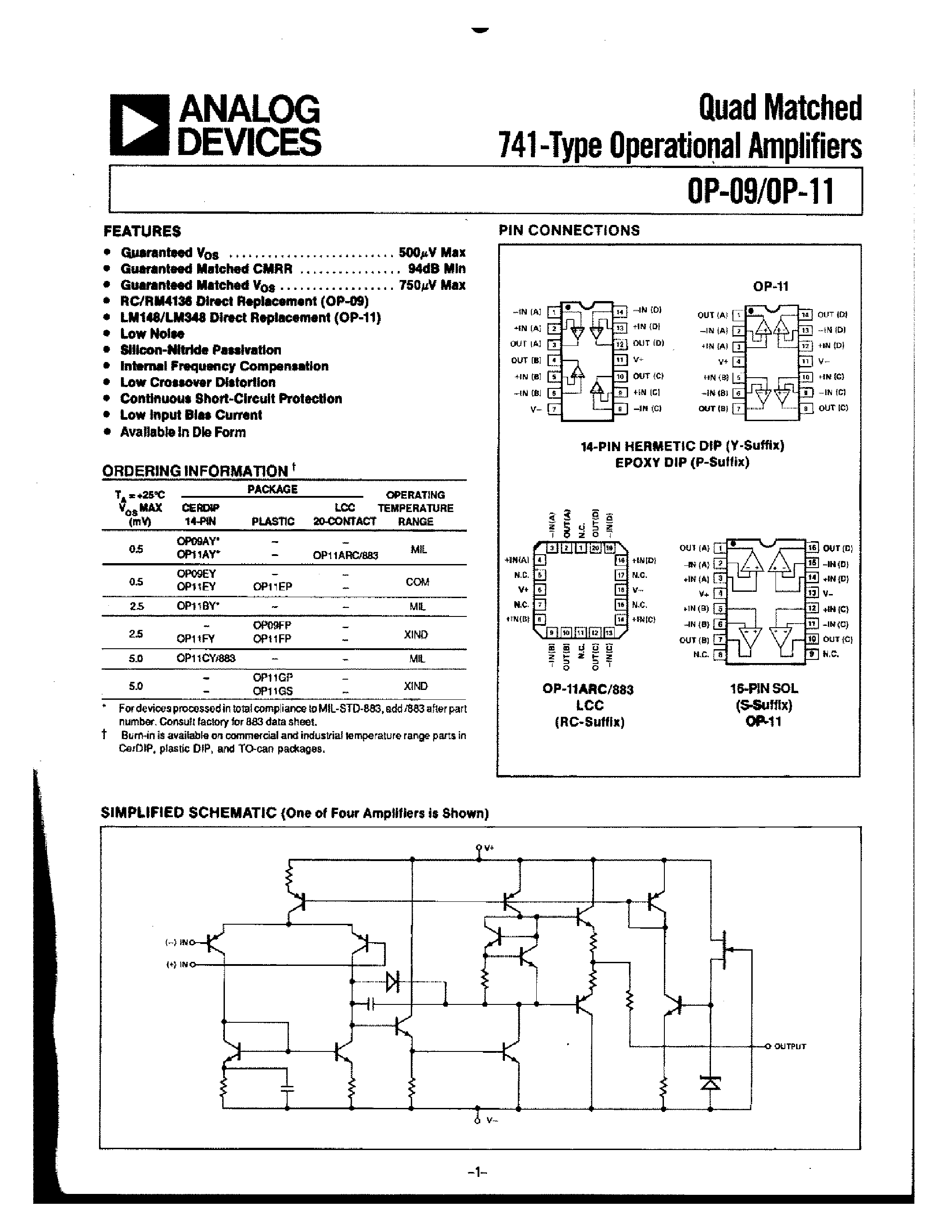 Даташит OP-11 - Quad Matched 741-Type Operational Amplifiers страница 1