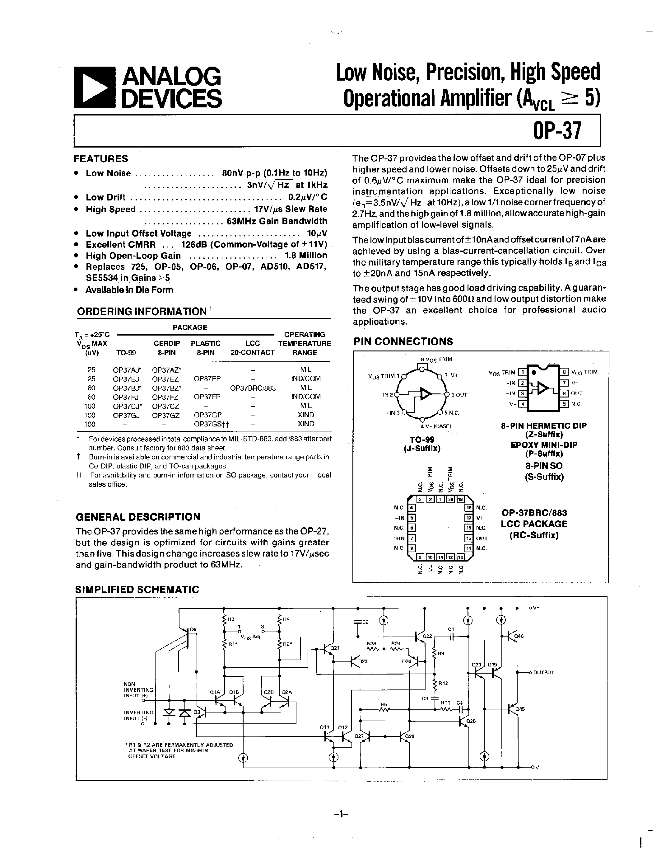 Datasheet OP-37 - LOW NOISE / PRECISION / HIGH SPEED OPERATIONAL AMPLIFIER(AVCL>=5) page 1