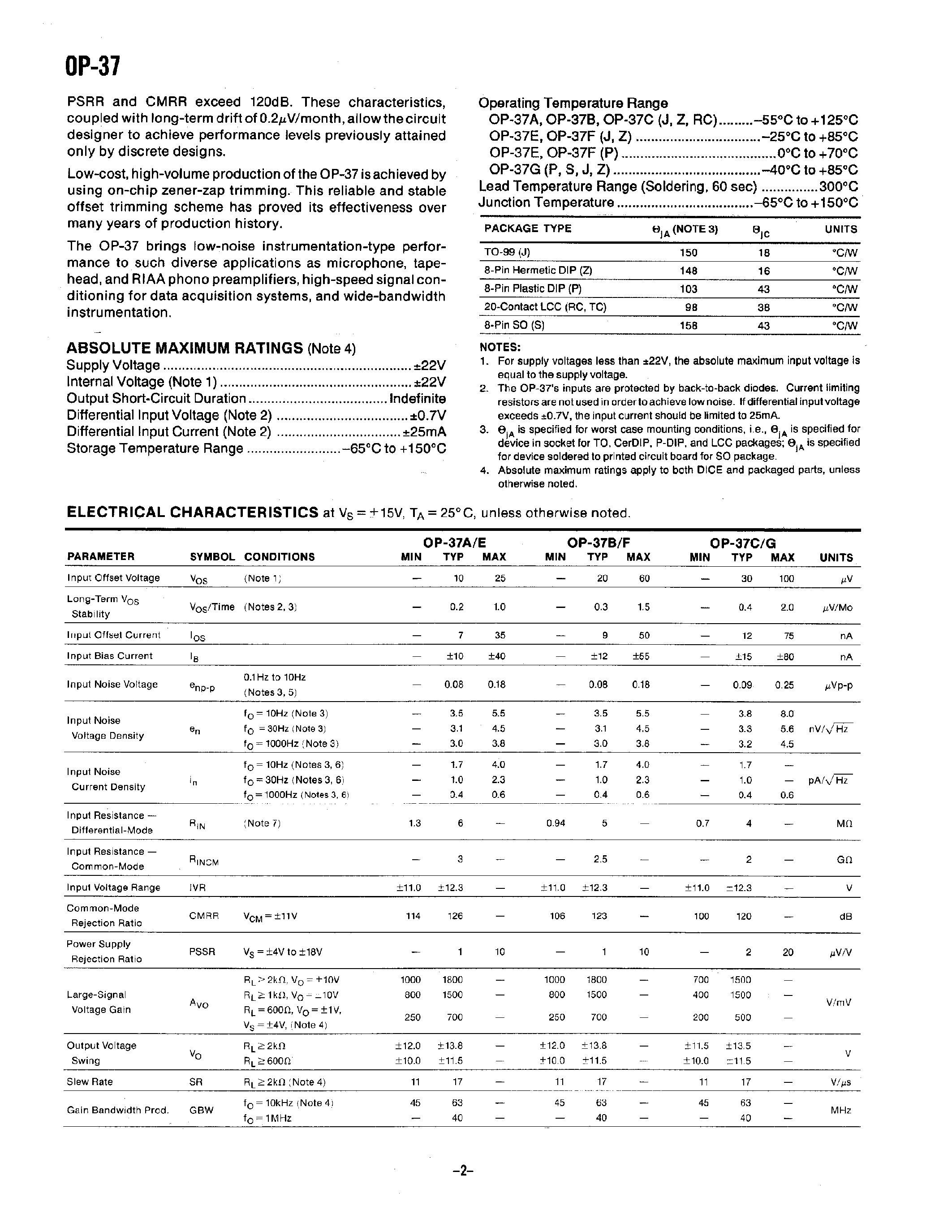Datasheet OP-37 - LOW NOISE / PRECISION / HIGH SPEED OPERATIONAL AMPLIFIER(AVCL>=5) page 2