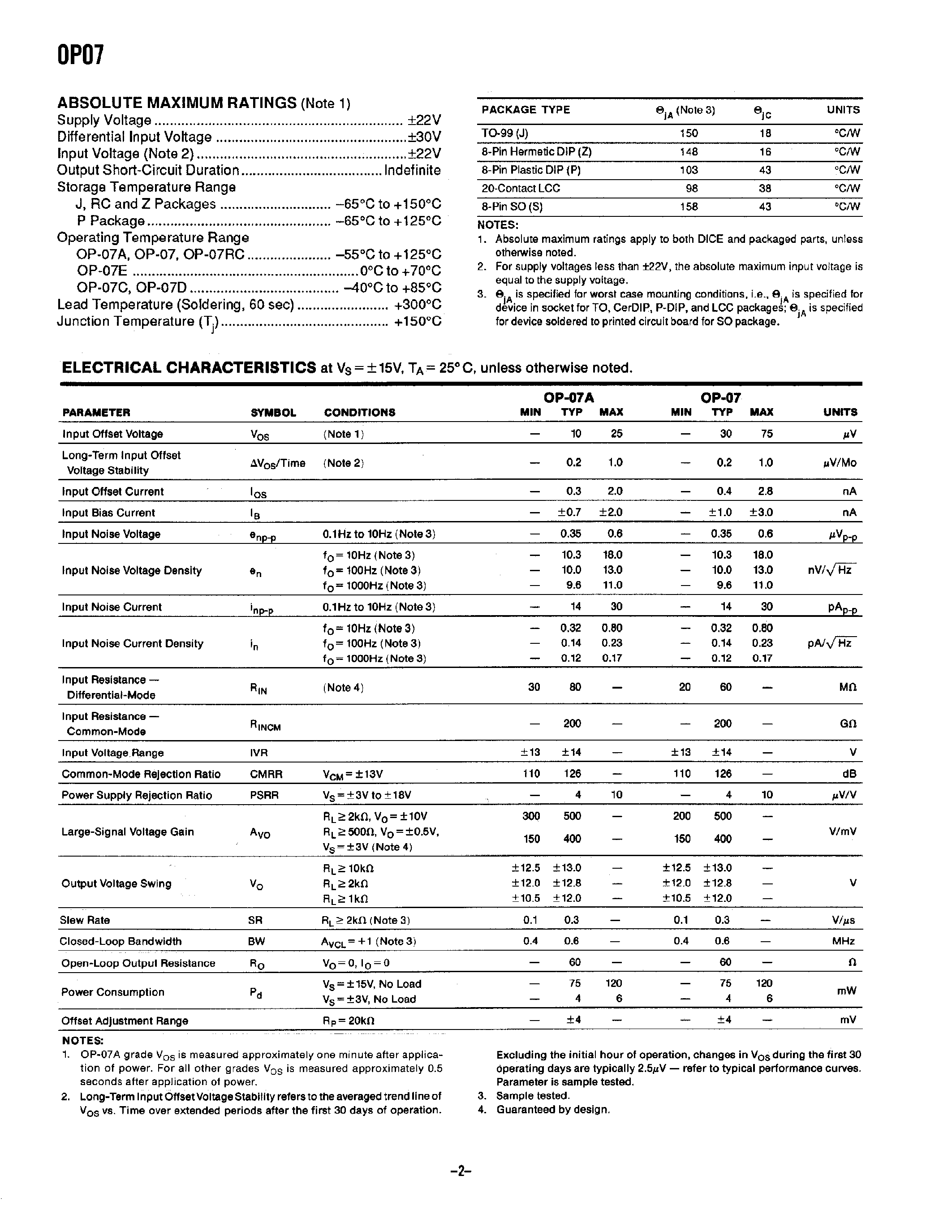 Даташит на микросхему OP07 страница 2 Даташит OP07 - Ultralow Offset Voltage Dual Operational Amplifier страница 2