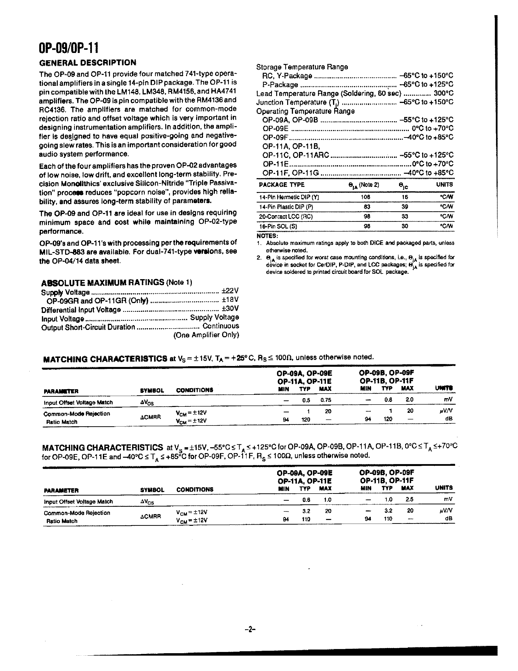 Datasheet OP09 - Quad Matched 741-Type Operational Amplifiers page 2