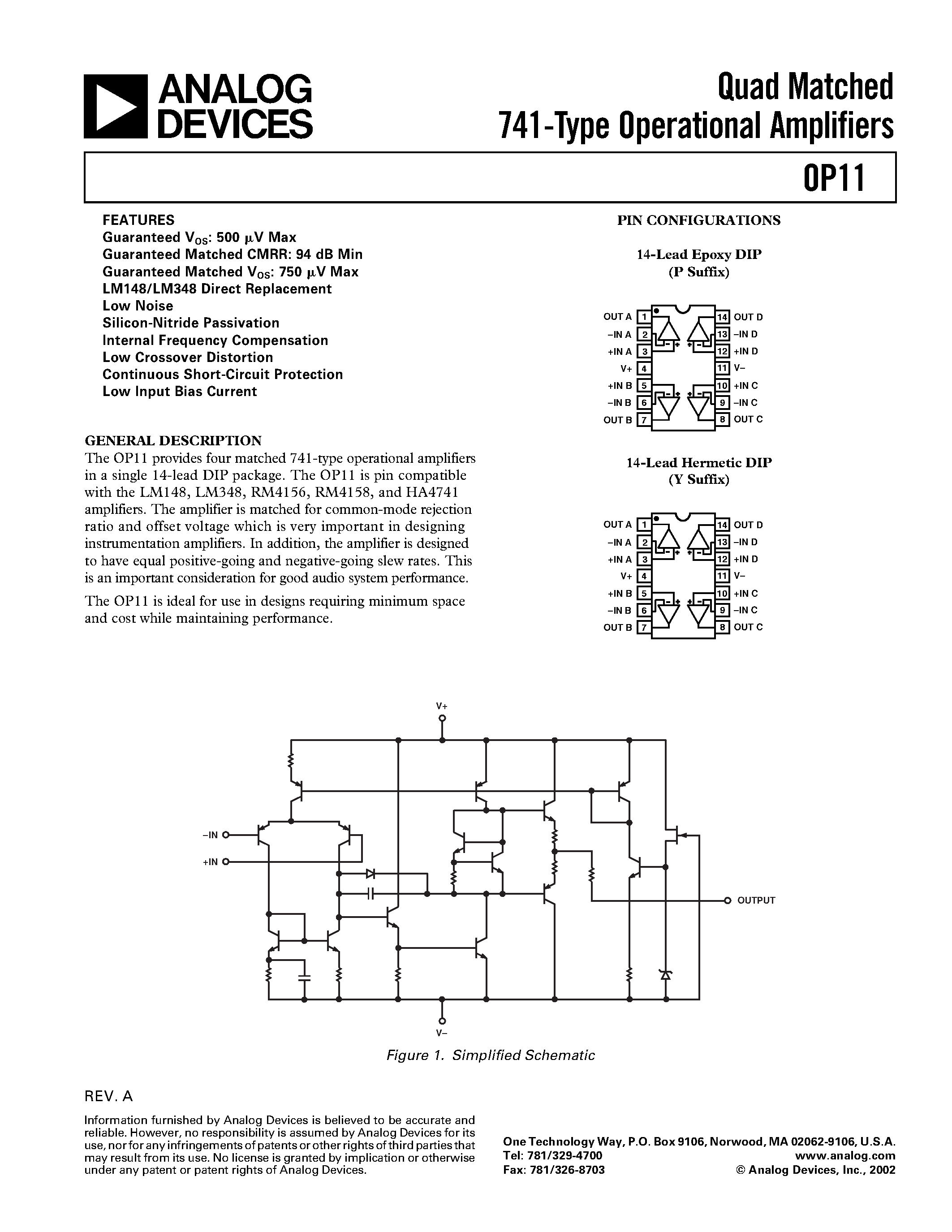 Datasheet OP11 - Quad Matched 741-Type Operational Amplifiers page 1