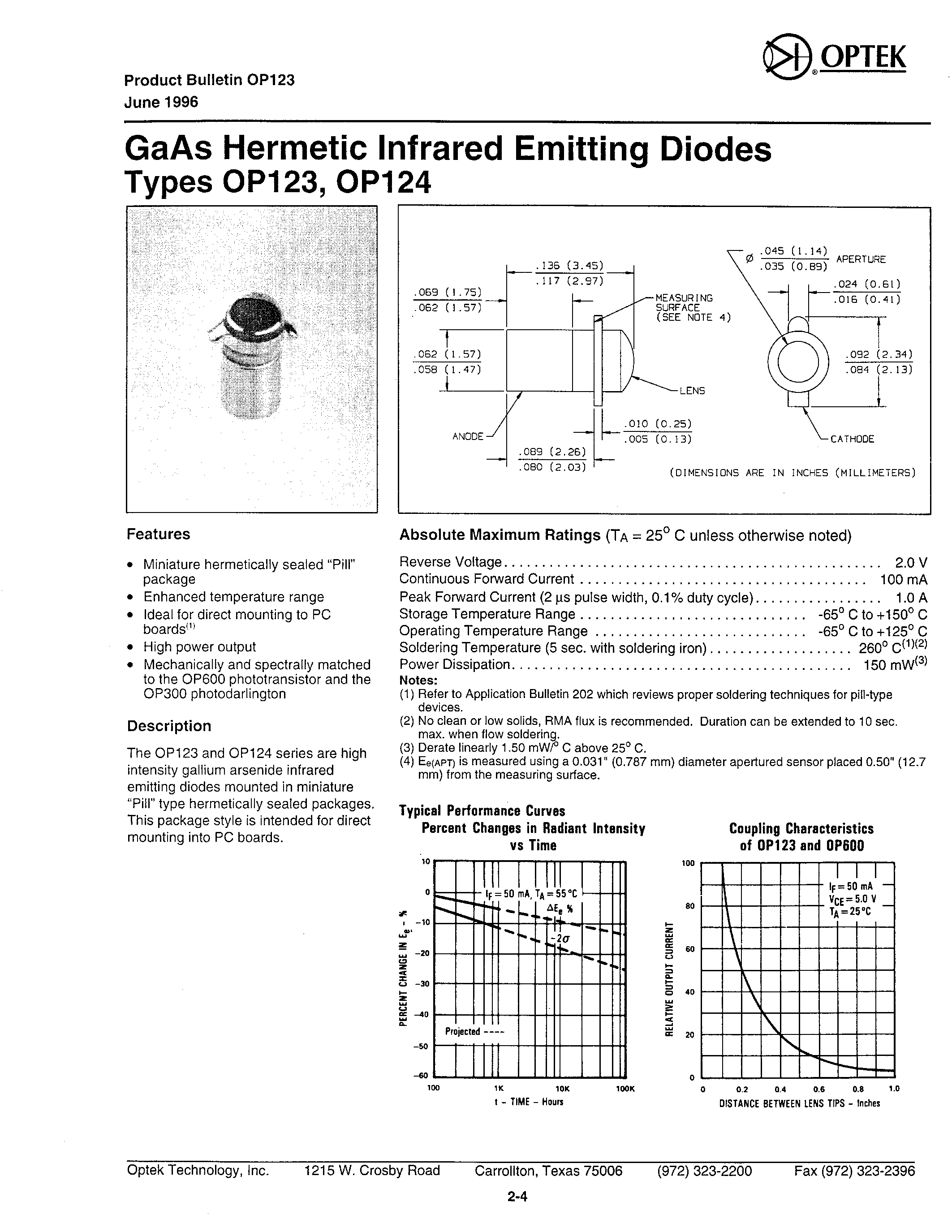 Datasheet OP123 page 1 Datasheet OP123 - GAAS HERMETIC INFRARED EMITTING DIODES page 1