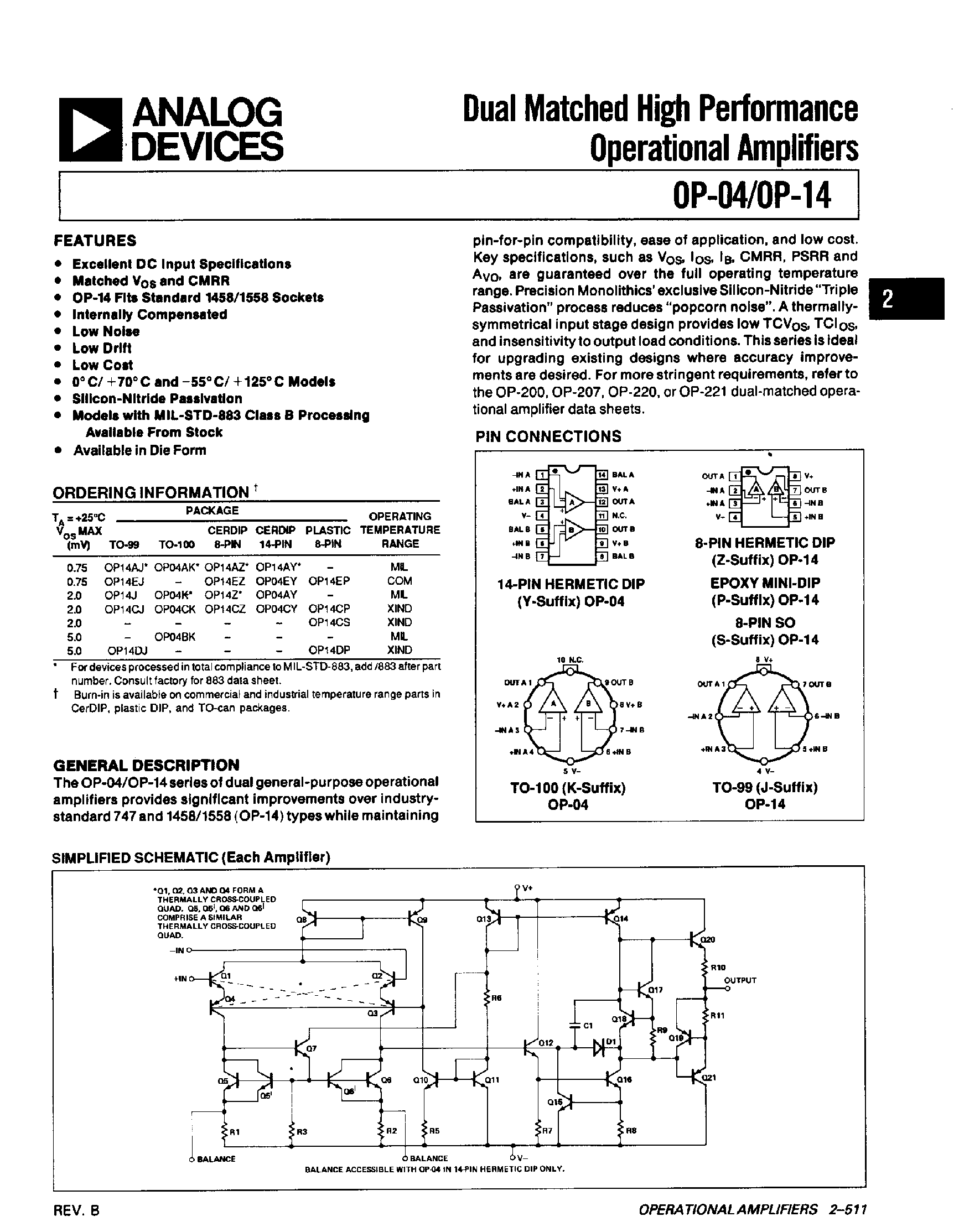 Даташит OP14 - DUAL MATCHED HIGH PERFORMANCE OPERATIONAL AMPLIFIERS страница 1