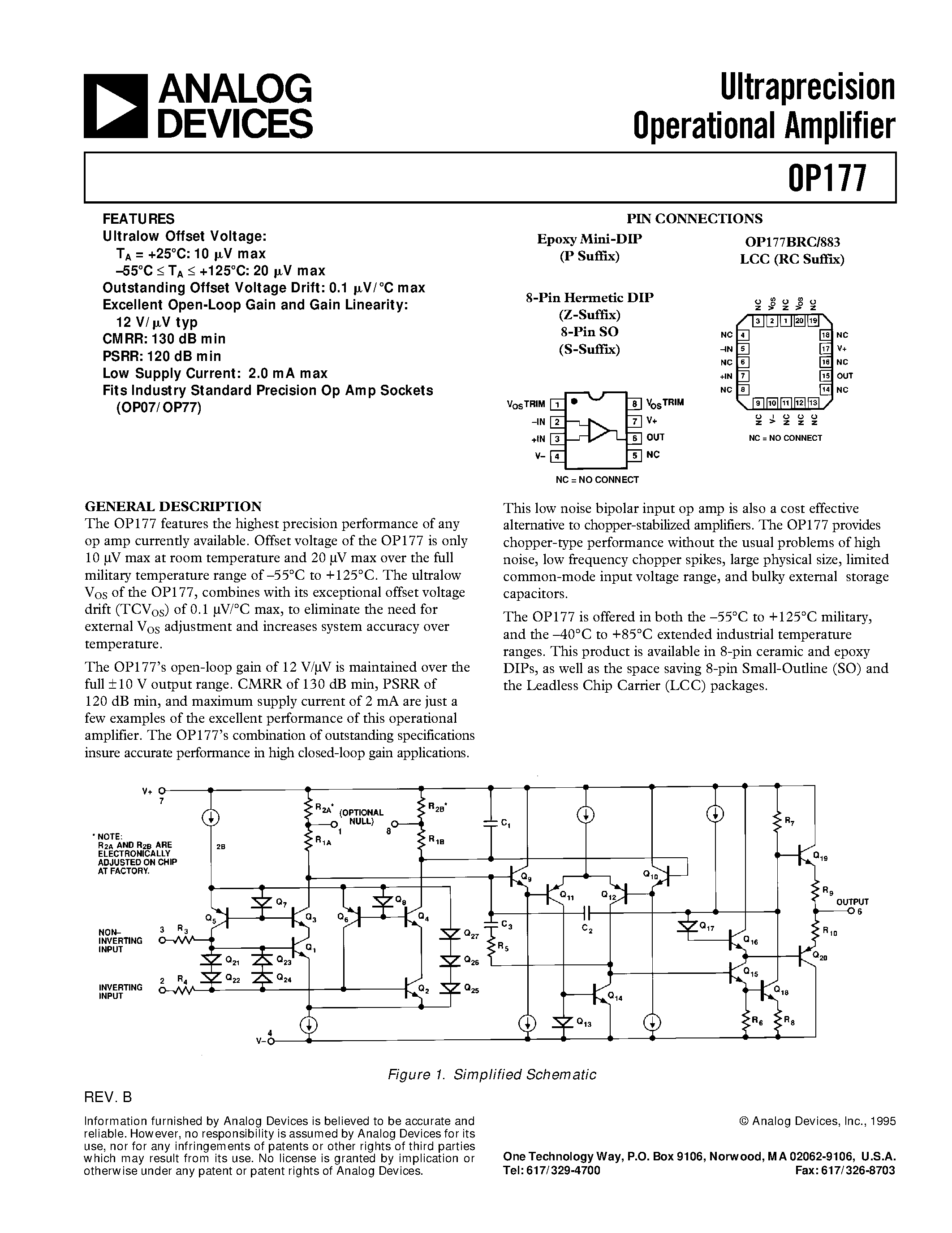 Даташит на микросхему OP177 страница 1 Даташит OP177 - Ultraprecision Operational Amplifier страница 1