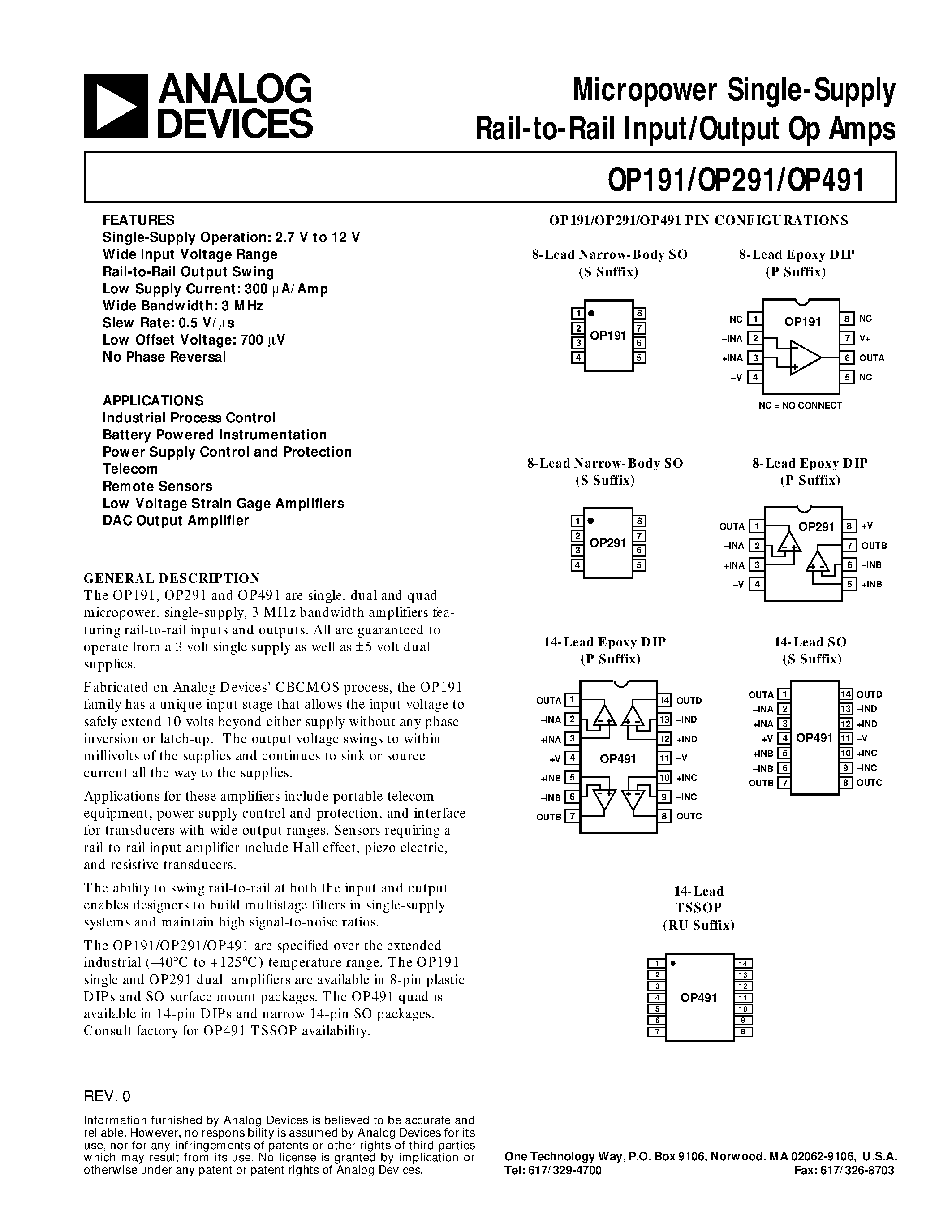 Даташит OP191 - Micropower Single-Supply Rail-to-Rail Input/Output Op Amps страница 1