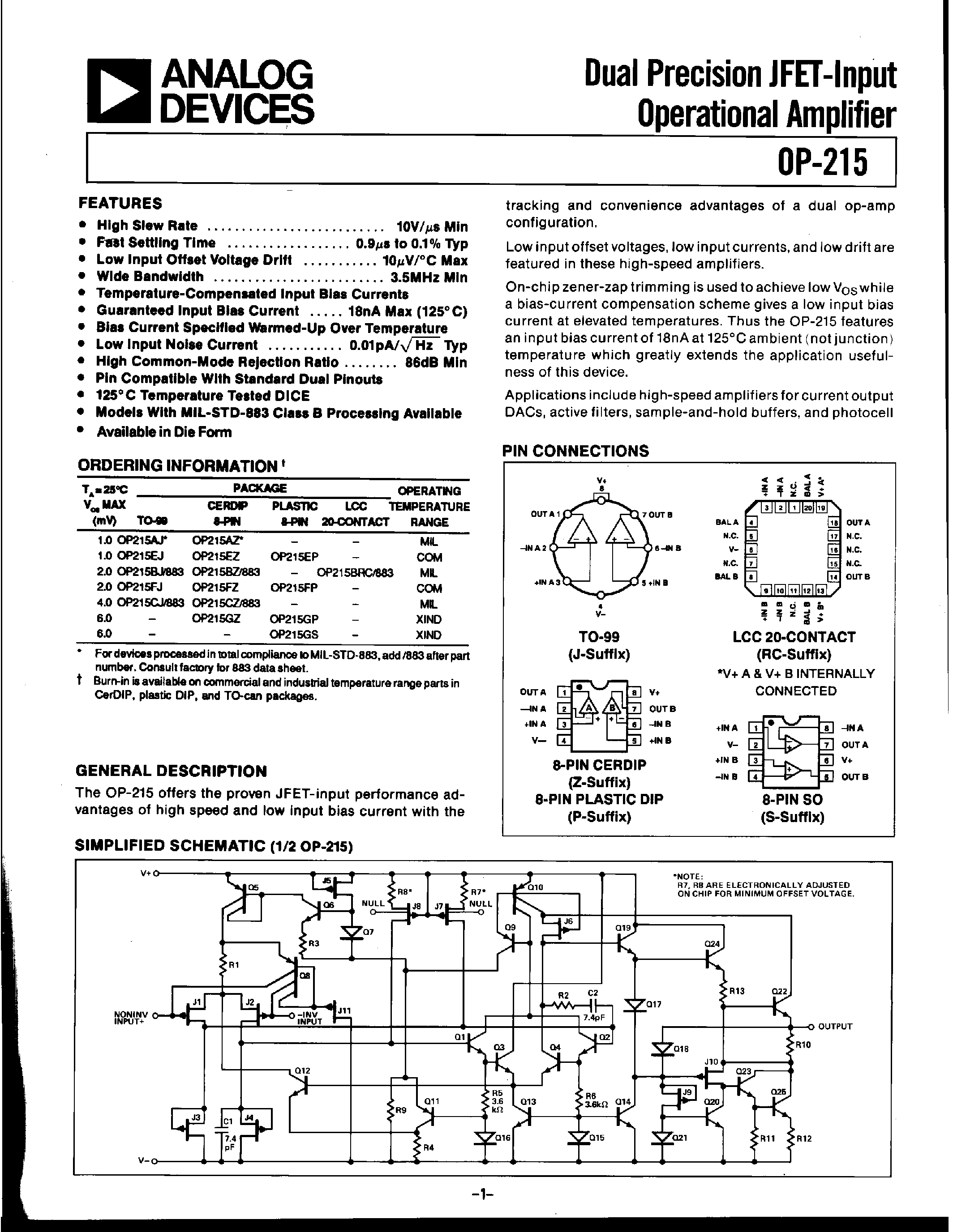 Даташит на микросхему OP215 страница 1 Даташит OP215 - DUAL PRECISION JFET-INPUT OPERATIONAL AMPLIFIER страница 1