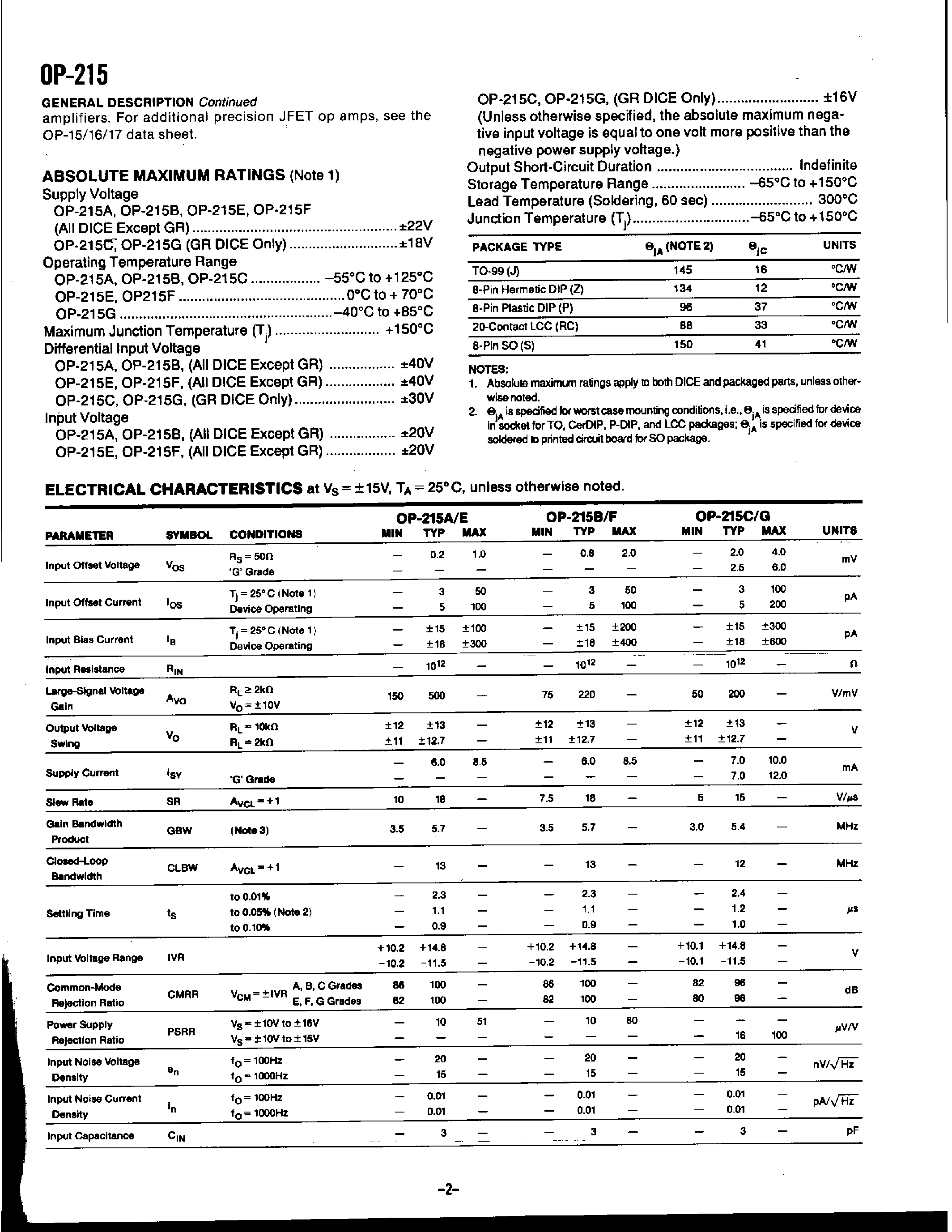 Даташит на микросхему OP215 страница 2 Даташит OP215 - DUAL PRECISION JFET-INPUT OPERATIONAL AMPLIFIER страница 2