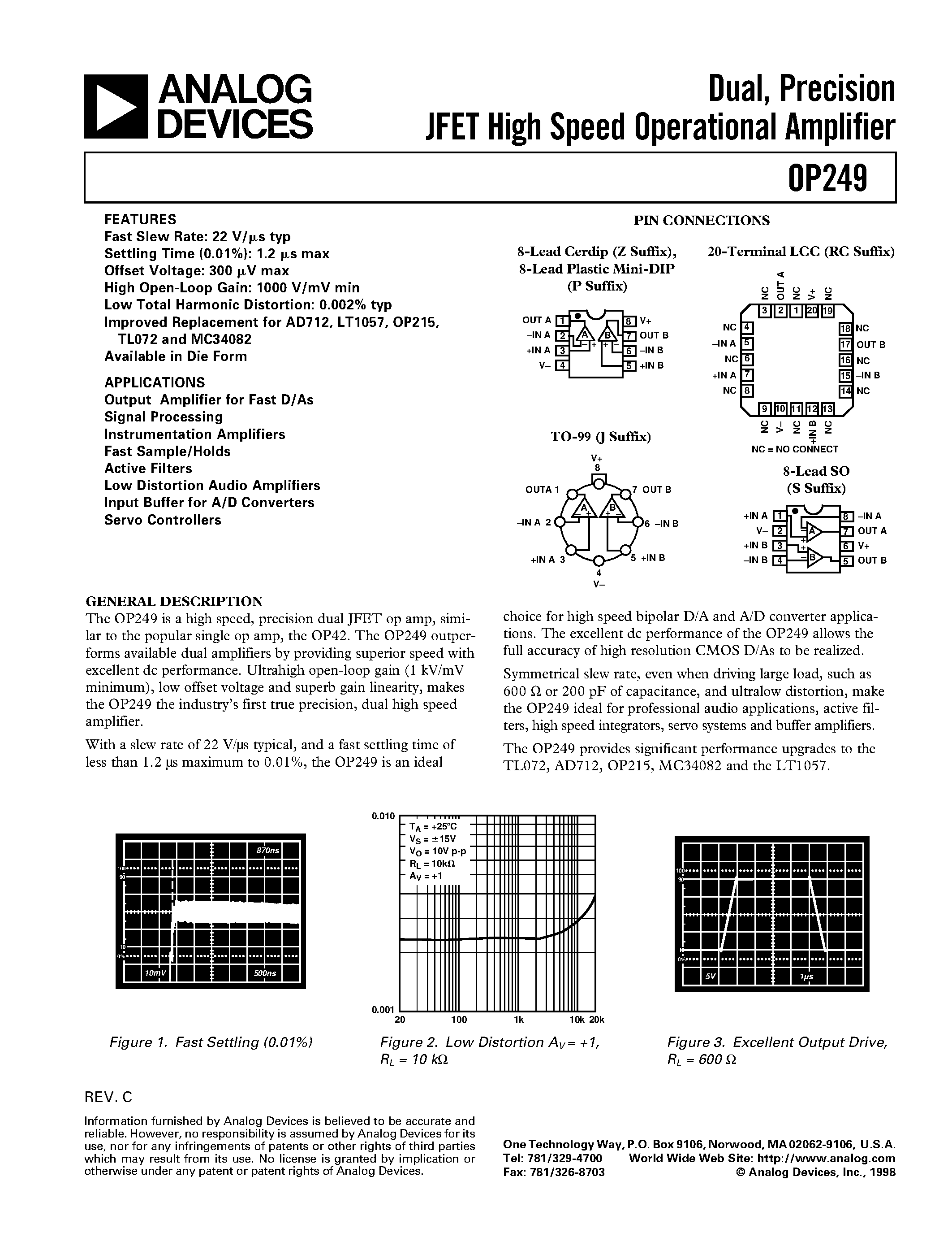 Даташит OP249 - Dual / Precision JFET High Speed Operational Amplifier страница 1