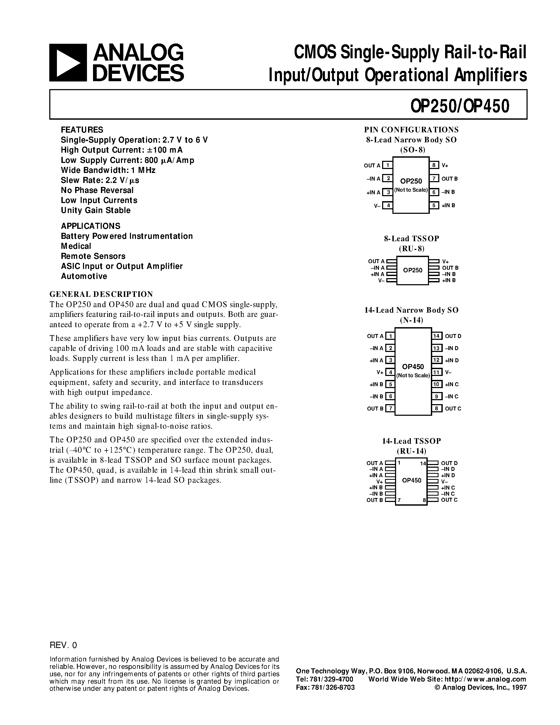 Datasheet OP250 page 1 Datasheet OP250 - CMOS Single-Supply Rail-to-Rail Input/Output Operational Amplifiers page 1