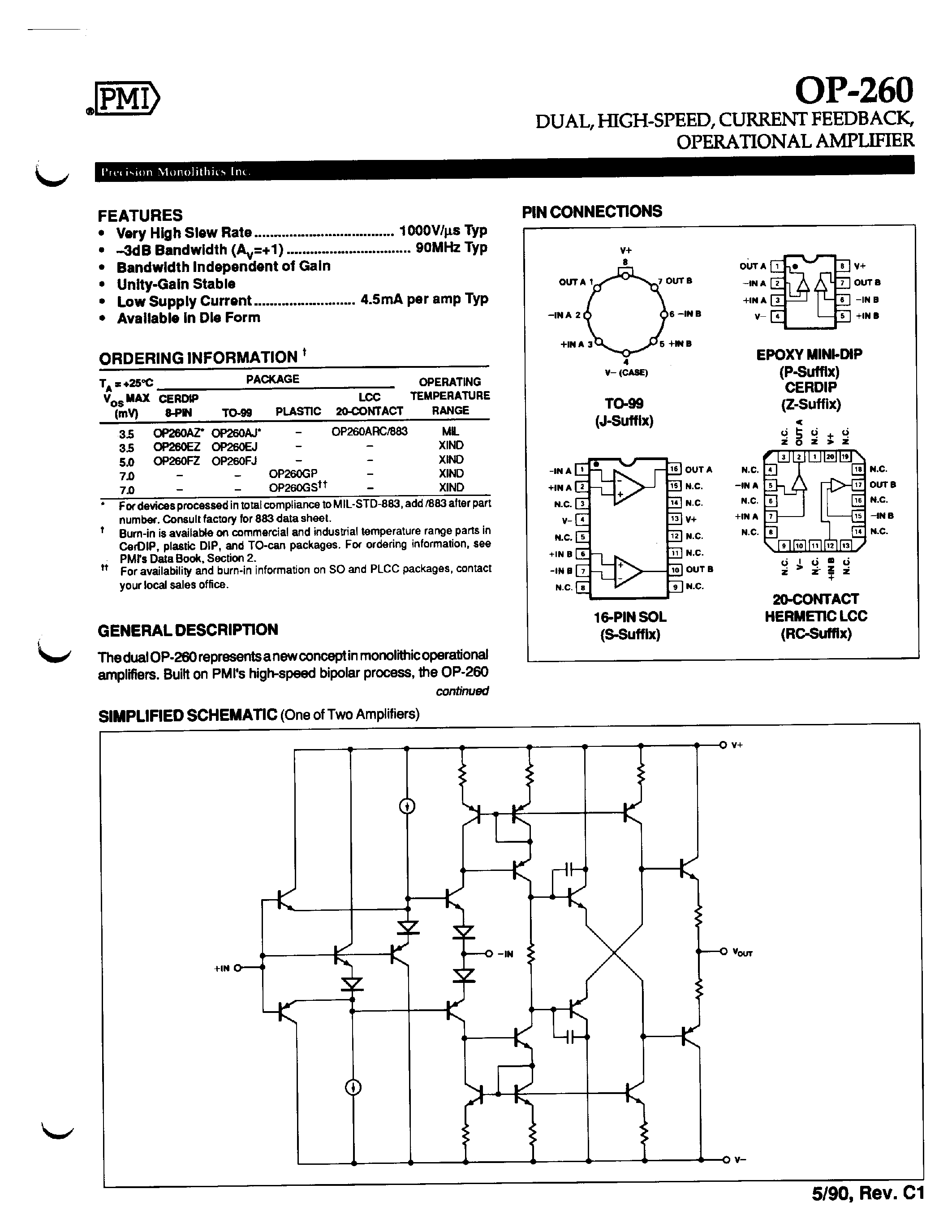 Datasheet OP260 - DUAL / HIGH-SPEED / CURRENT FEEDBACK / OPERATIONAL AMPLIFIER page 1