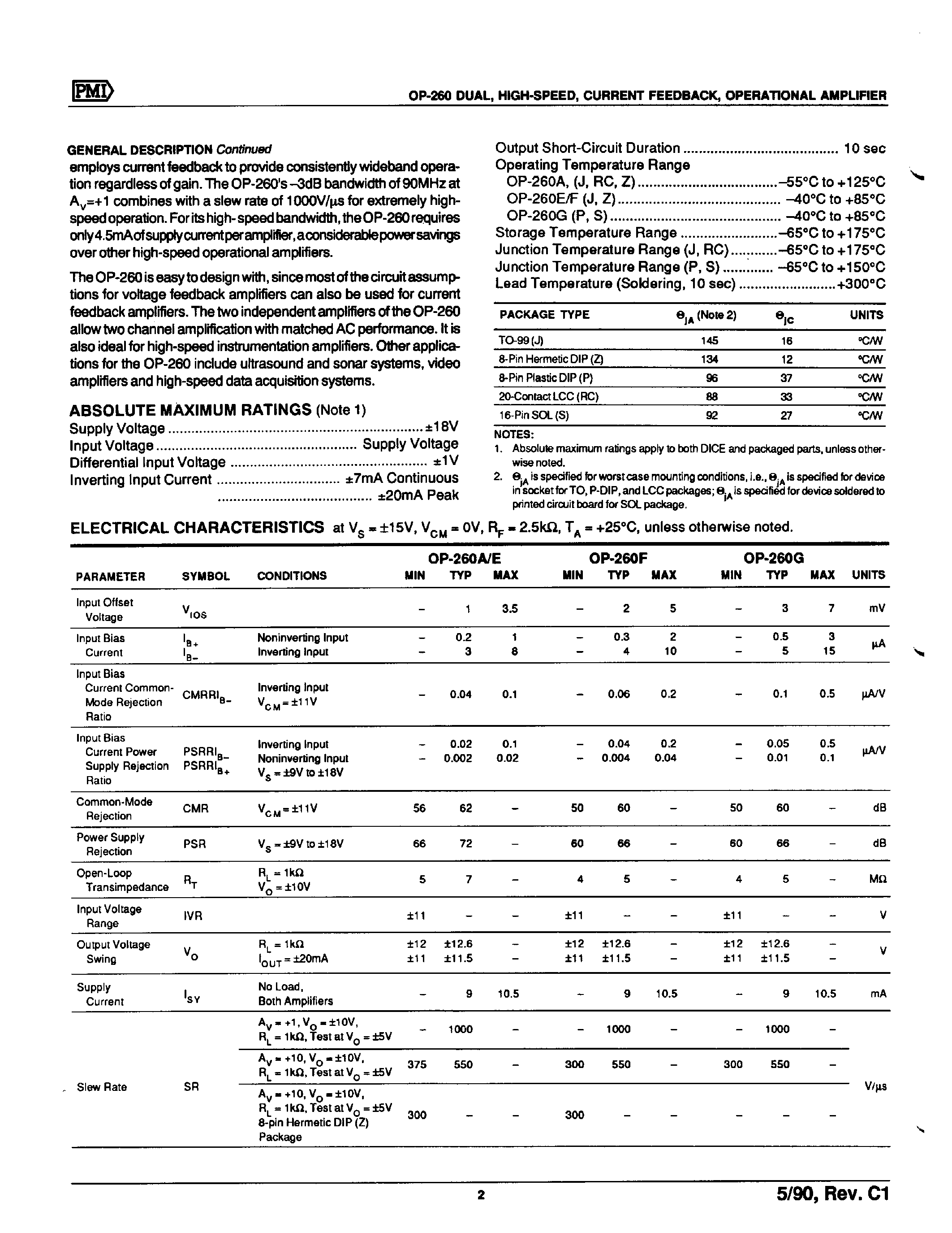 Datasheet OP260 - DUAL / HIGH-SPEED / CURRENT FEEDBACK / OPERATIONAL AMPLIFIER page 2