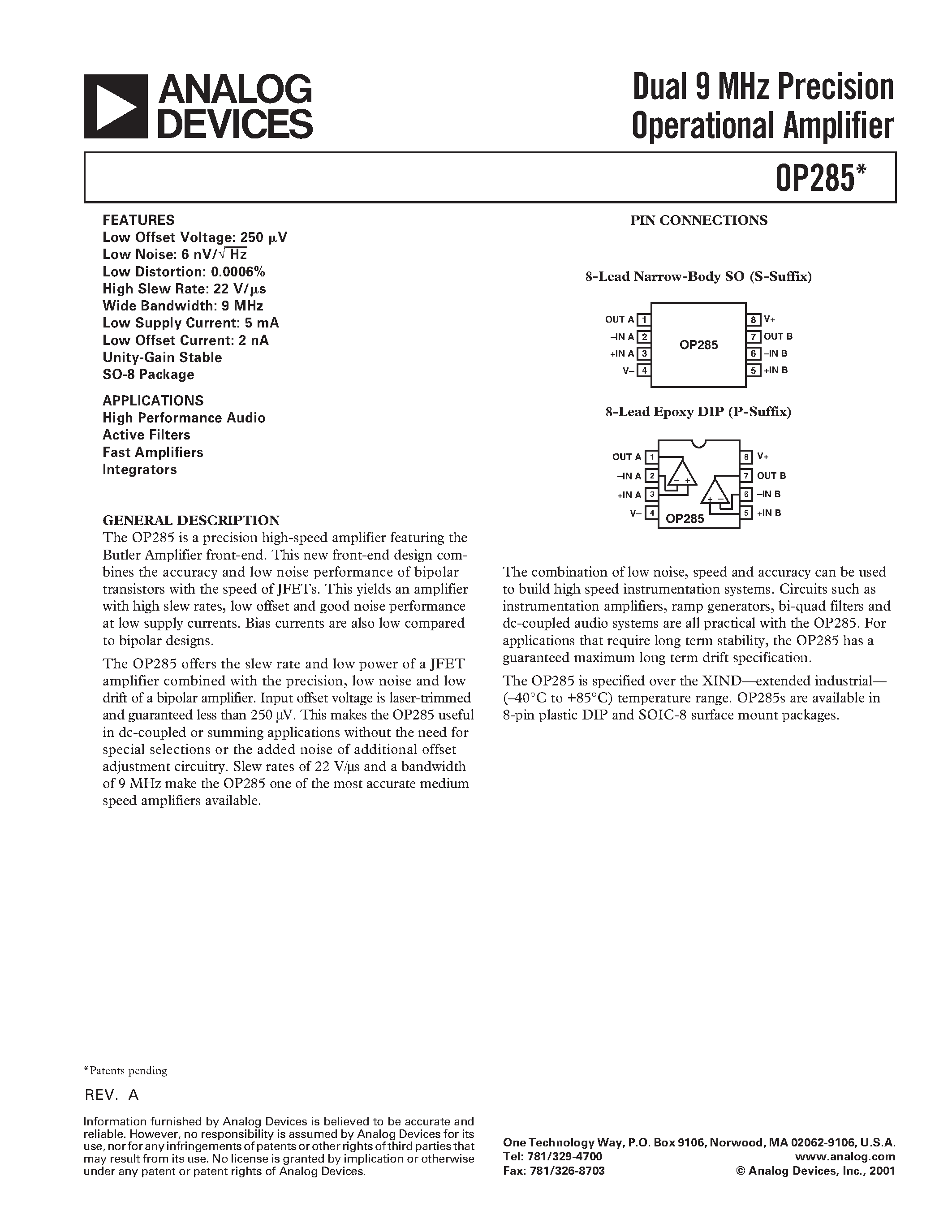 Datasheet OP285 page 1 Datasheet OP285 - Dual 9 MHz Precision Operational Amplifier page 1