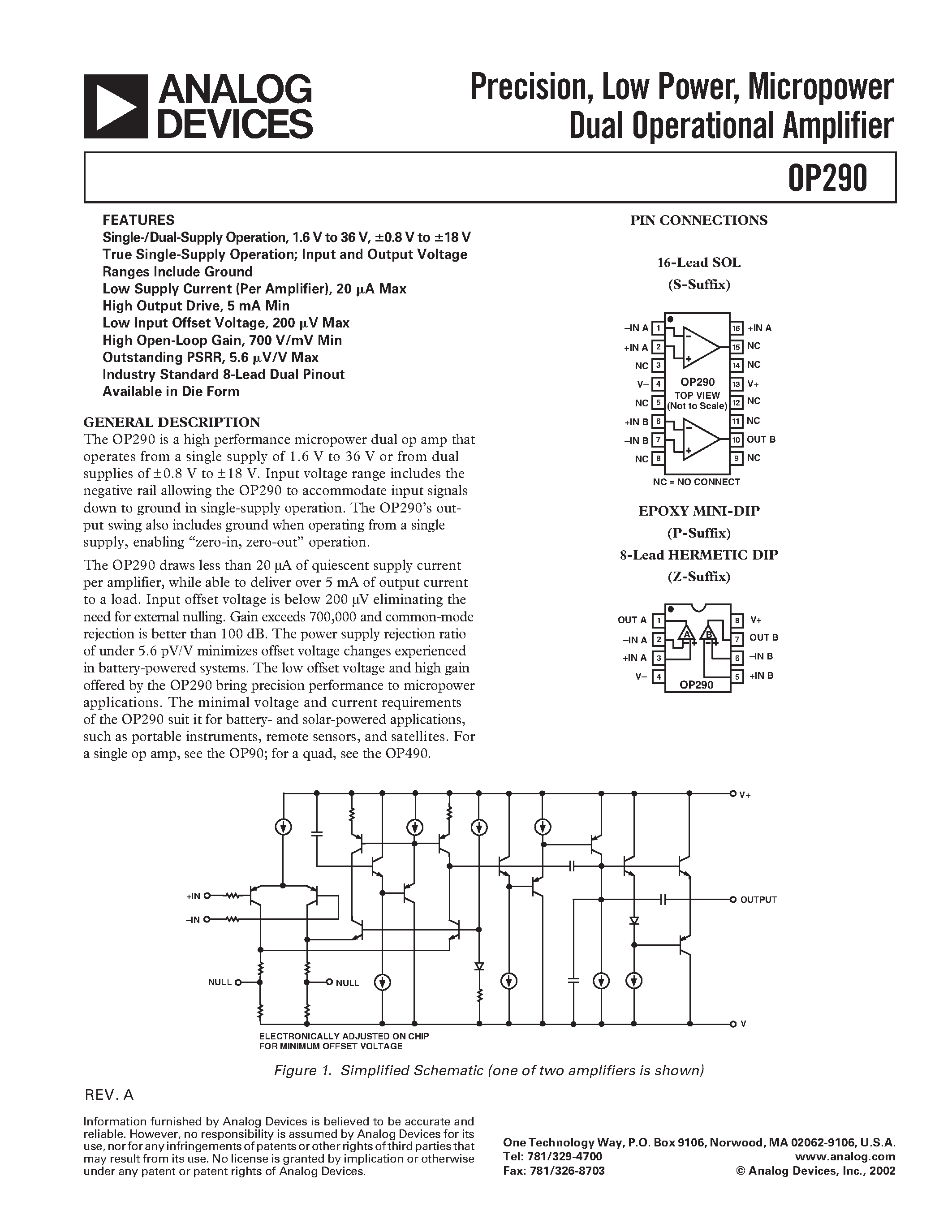 Datasheet OP290 page 1 Datasheet OP290 - Precision / Low Power / Micropower Dual Operational Amplifier page 1
