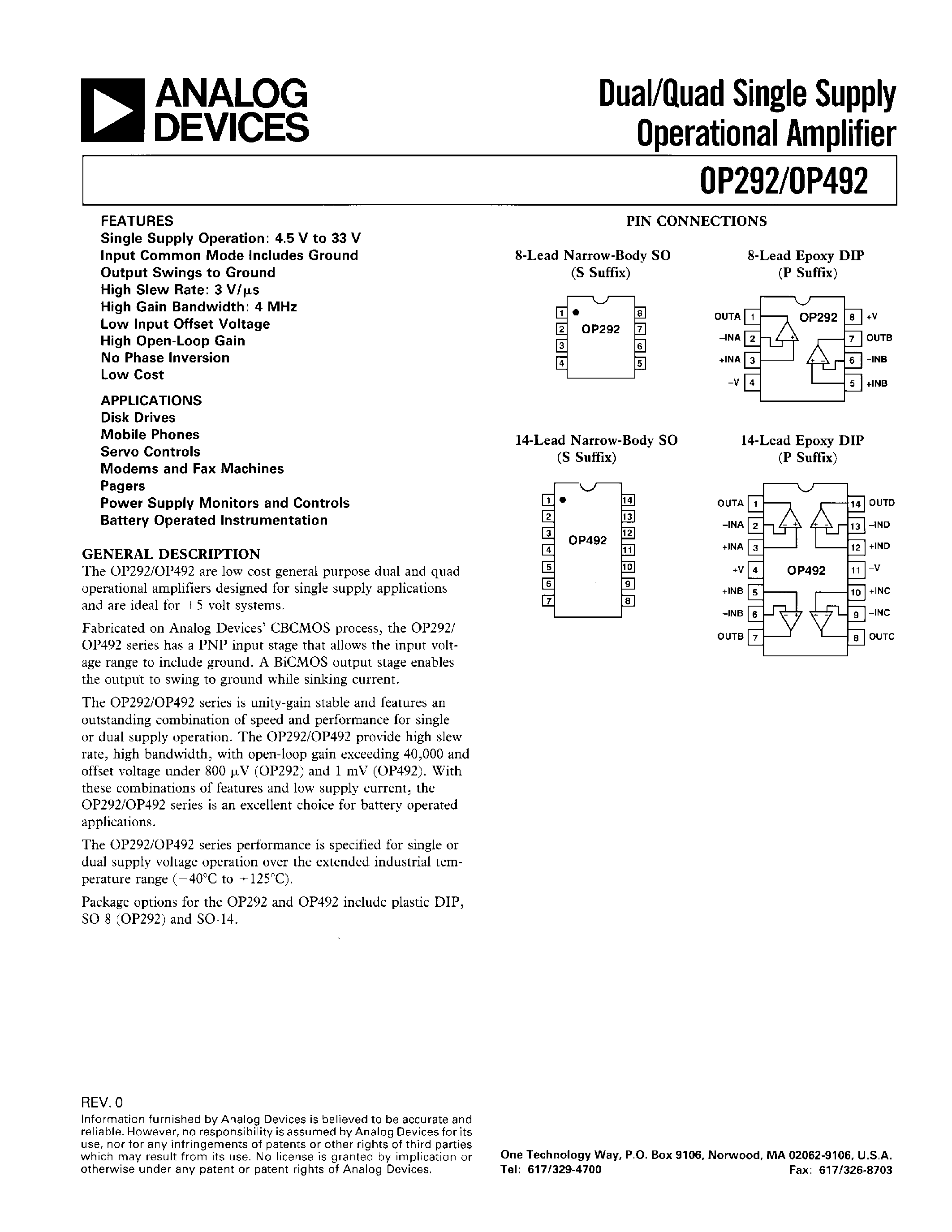 Datasheet OP292 page 1 Datasheet OP292 - DUAL/QUAD SINGLE SUPPLY OPERATIONAL AMPLIFIER page 1