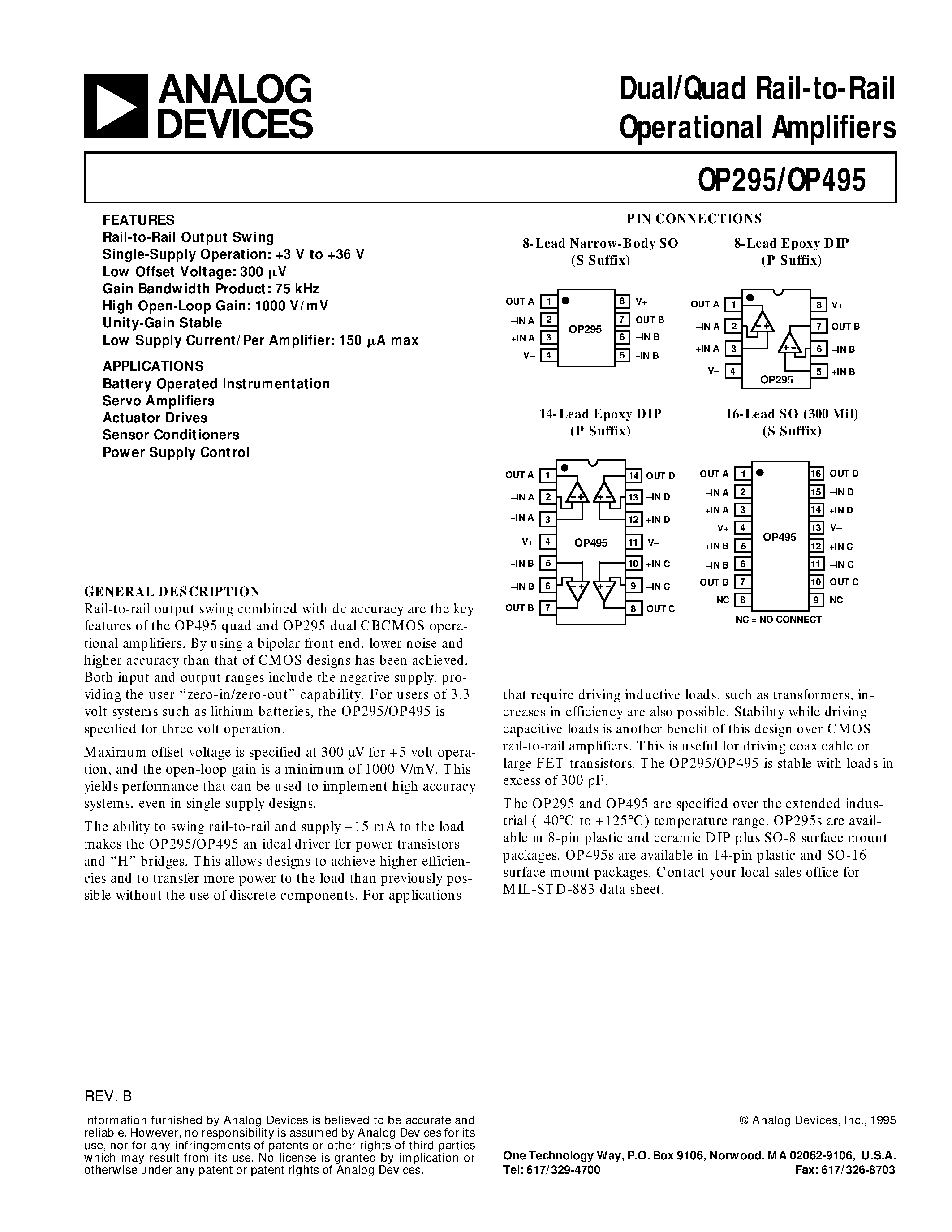 Datasheet OP295 page 1 Datasheet OP295 - DUAL/QUAD RAIL-TO-RAIL OPERATIONAL AMPLIFIERS page 1