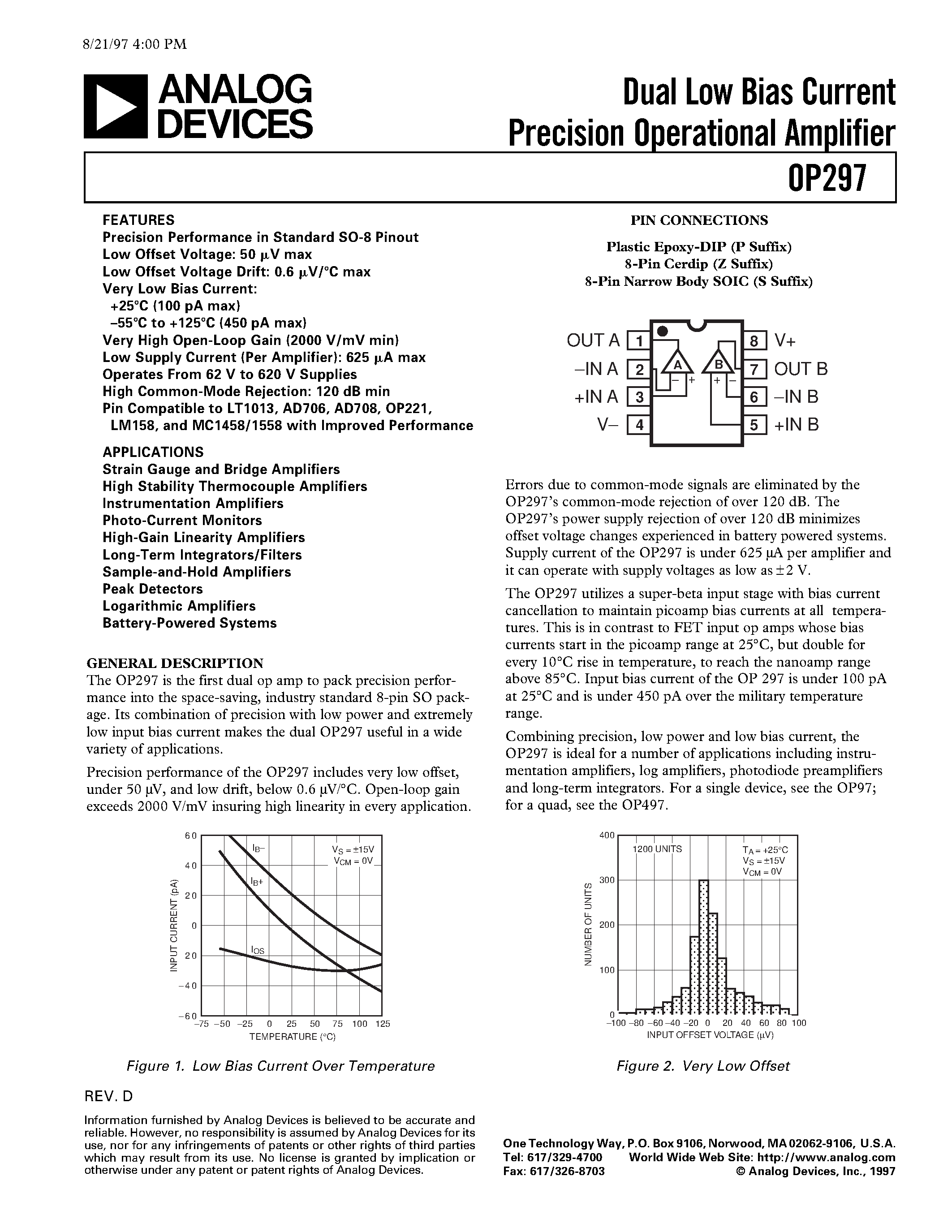 Даташит OP297 - Dual Low Bias Current Precision Operational Amplifier страница 1