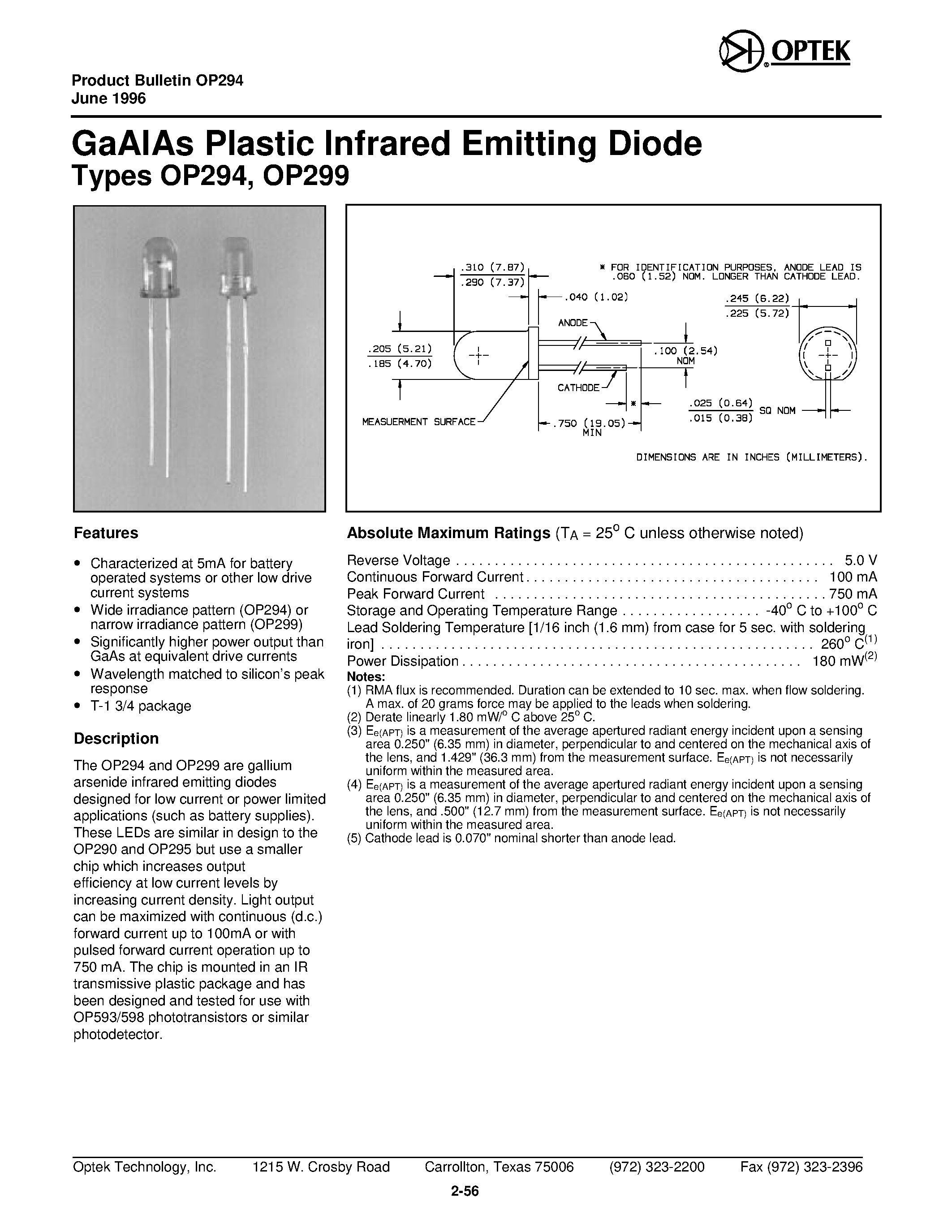 Datasheet OP299 page 1 Datasheet OP299 - GaAlAs Plastic Infrared Emitting Diode page 1
