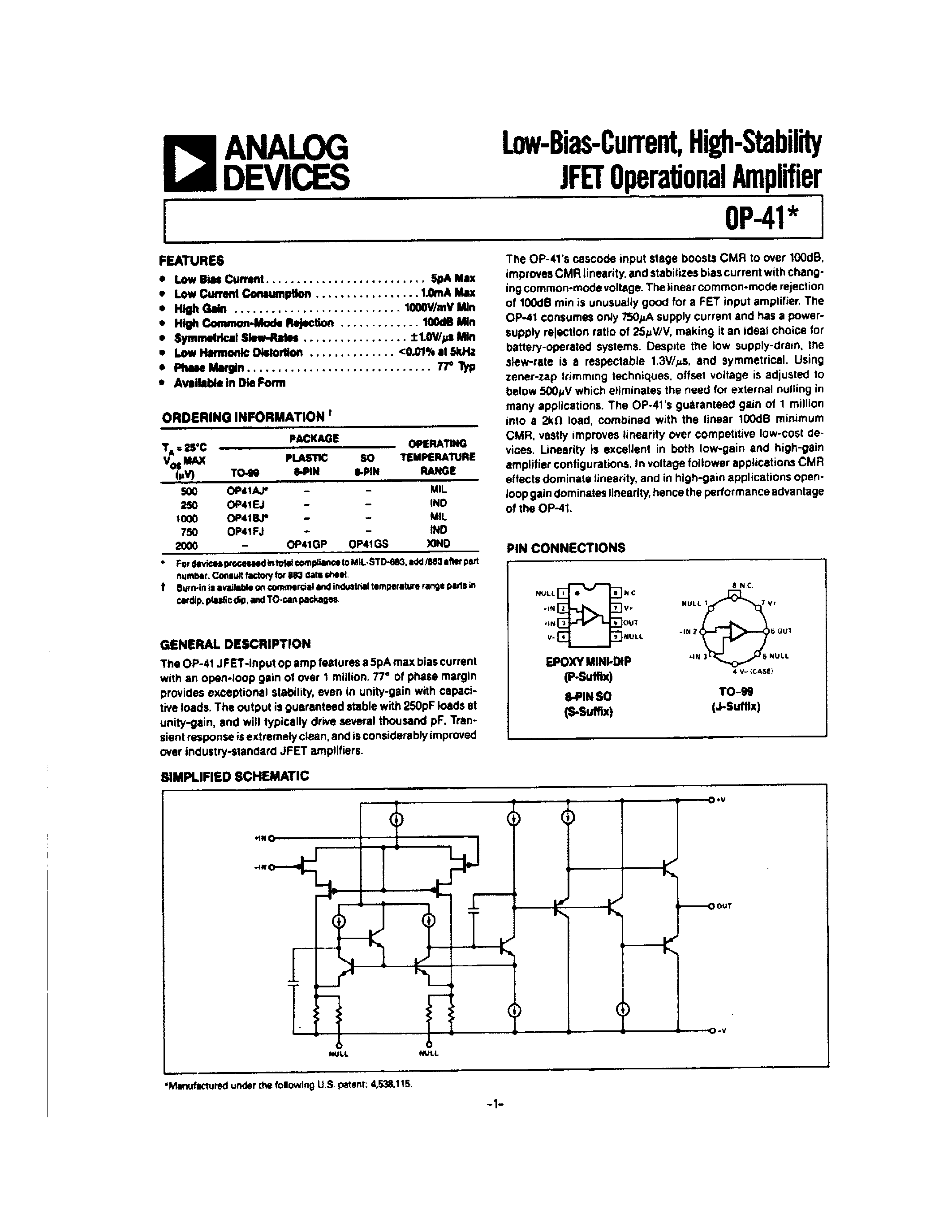 Даташит OP41 - LOW-BIAS-CURRENT / HIGH-STABILITY JFET OPERATIONAL AMPLIFIER страница 1