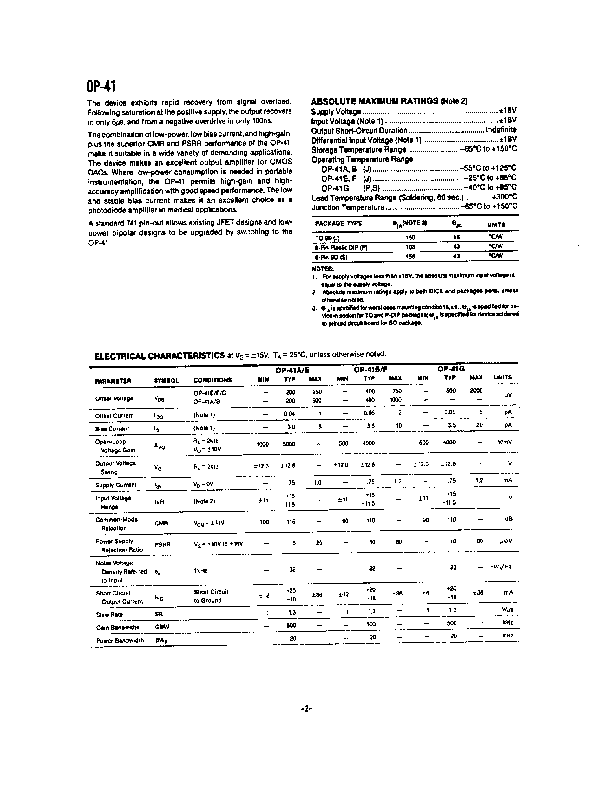 Даташит OP41 - LOW-BIAS-CURRENT / HIGH-STABILITY JFET OPERATIONAL AMPLIFIER страница 2