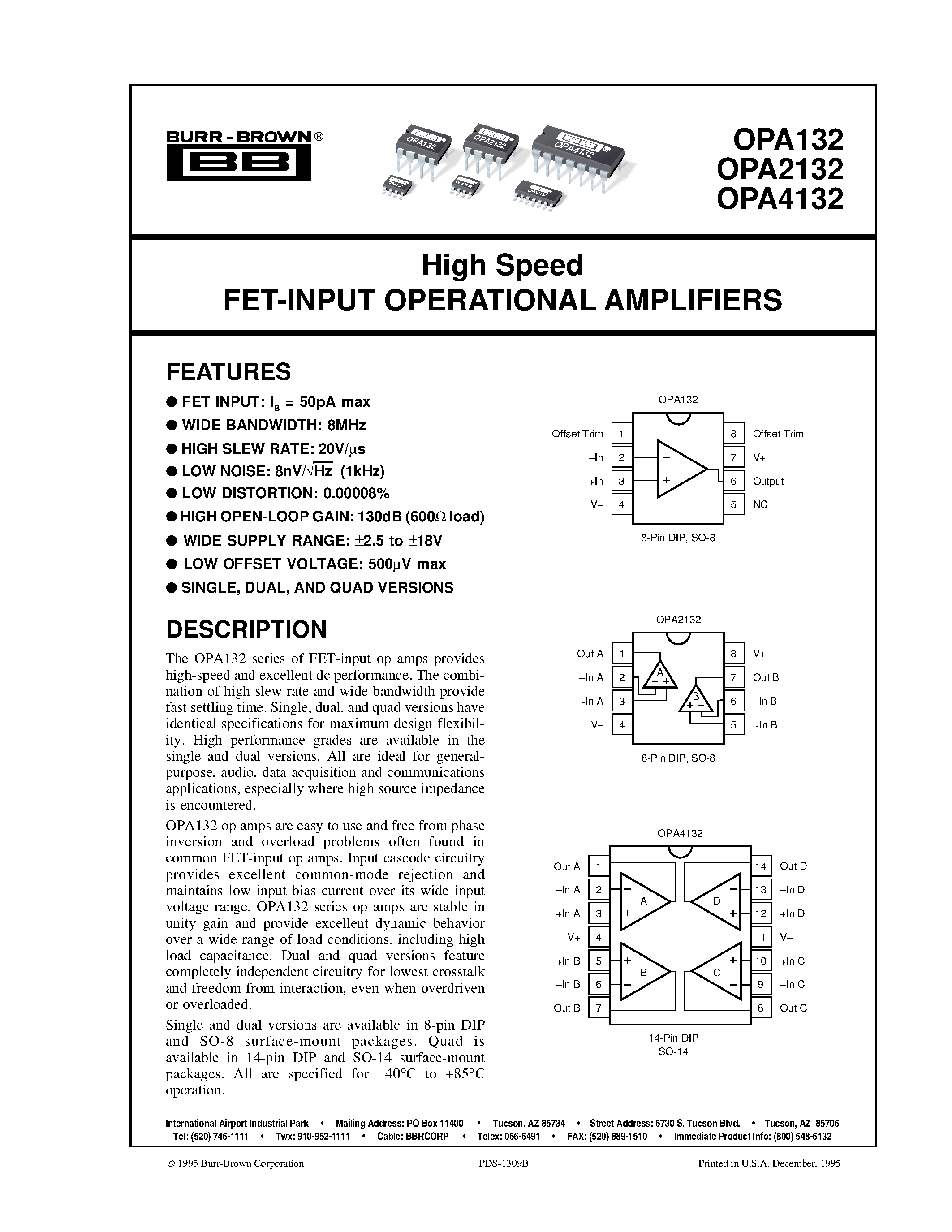 Даташит OPA132 - High Speed FET-INPUT OPERATIONAL AMPLIFIERS страница 1