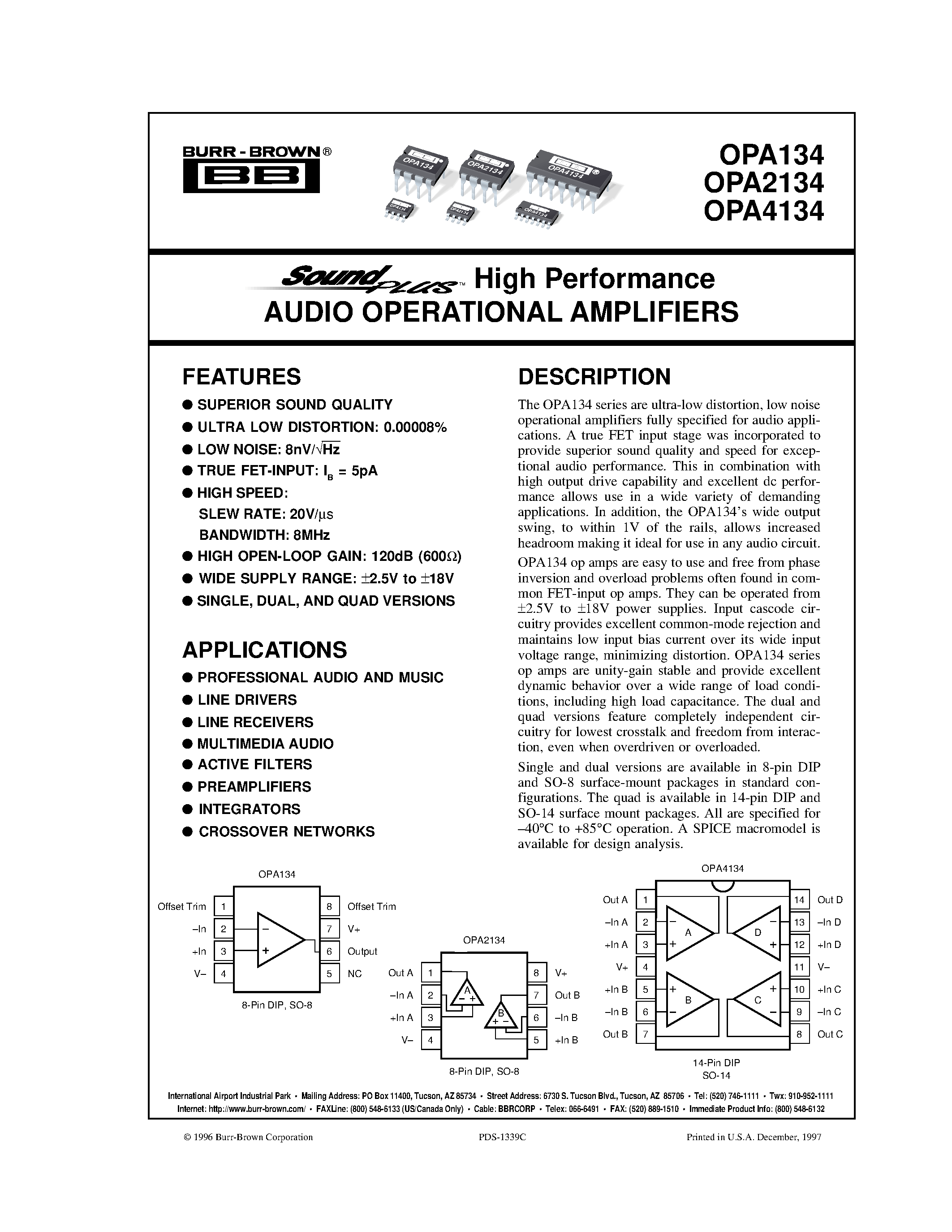 Даташит OPA134 - High Performance AUDIO OPERATIONAL AMPLIFIERS TM страница 1
