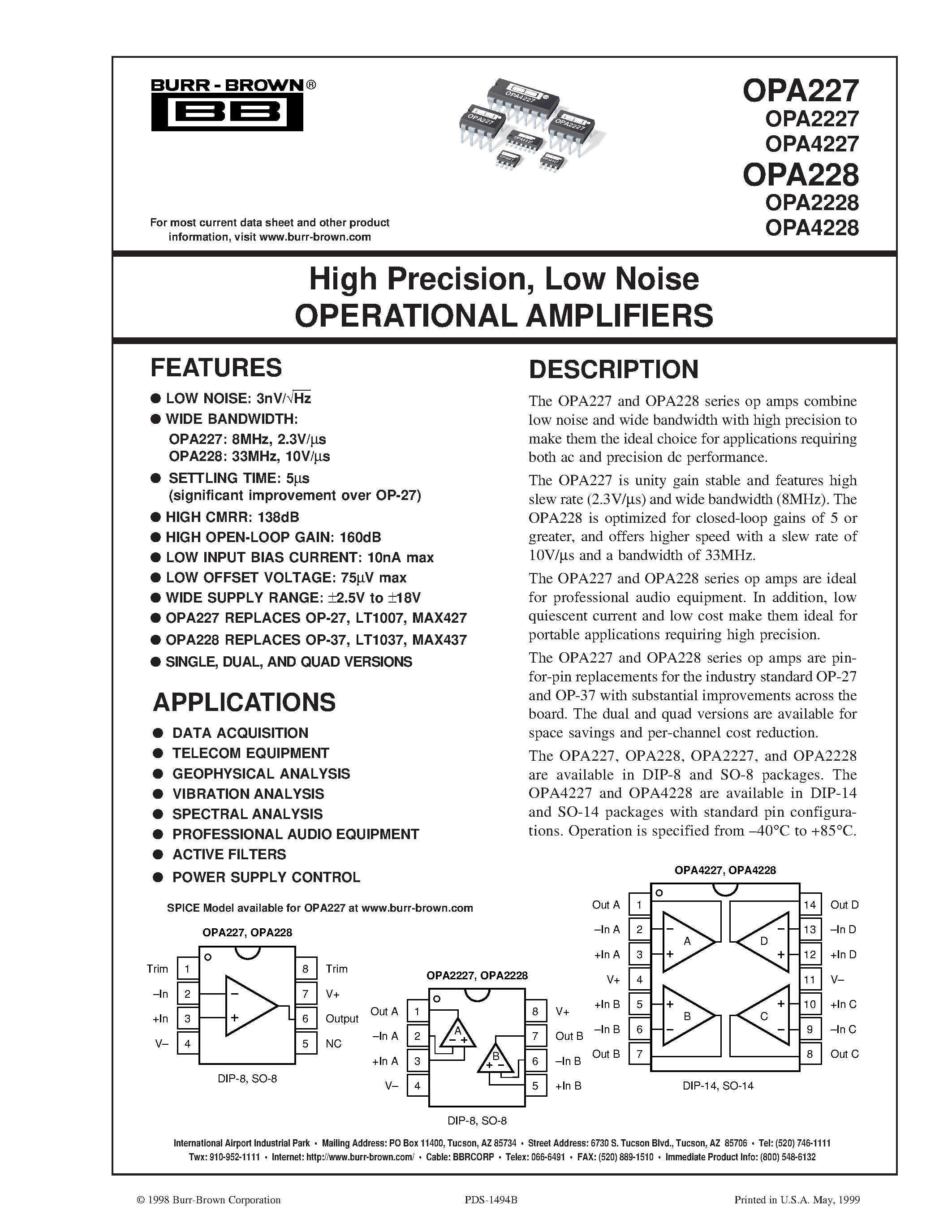 Даташит на микросхему OPA227 страница 1 Даташит OPA227 - High Precision / Low Noise OPERATIONAL AMPLIFIERS страница 1