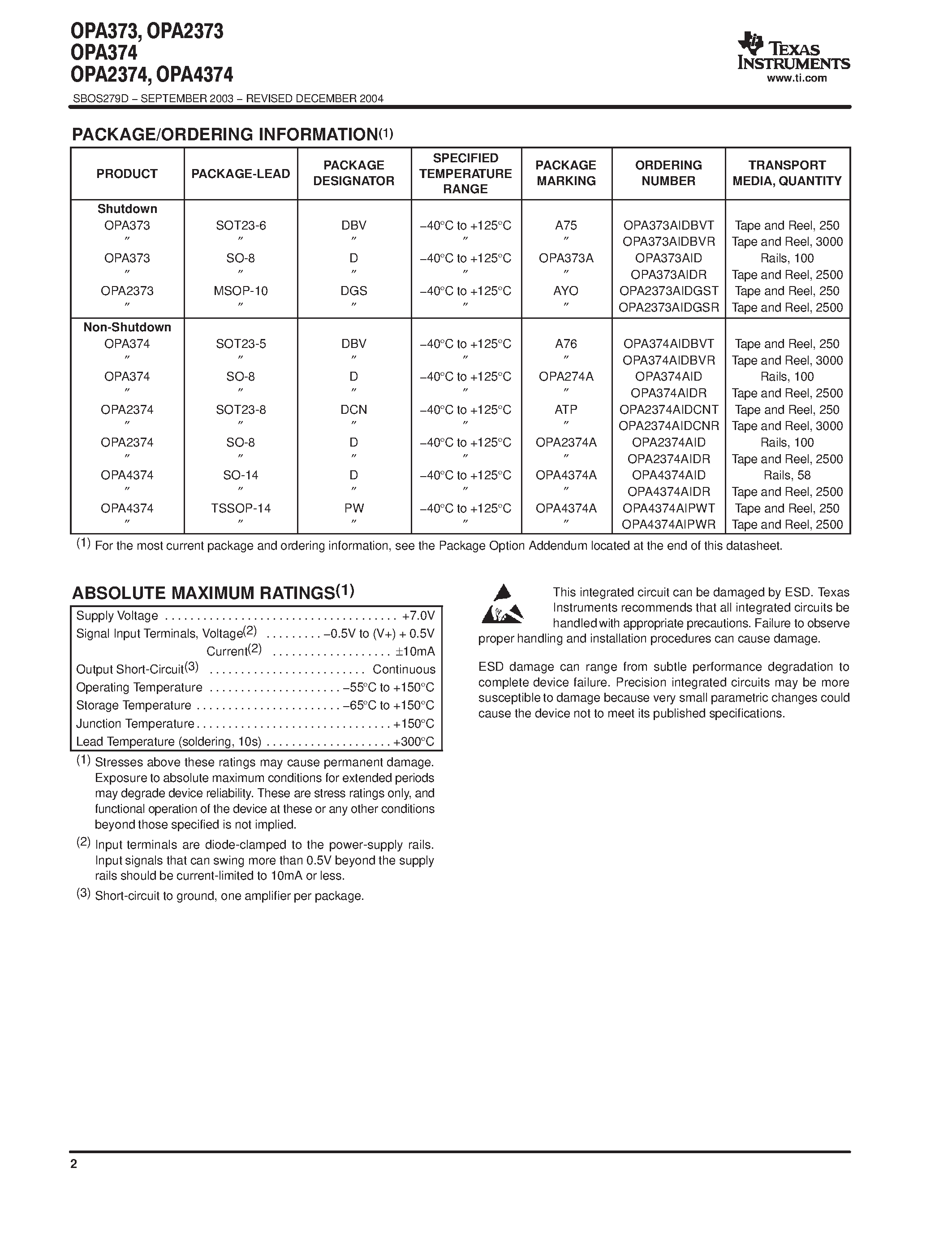 Datasheet OPA2373 page 2 Datasheet OPA2373 - 6.5MHz / 585UA / Rail-to-Rail I/O CMOS Operational Amplifier page 2
