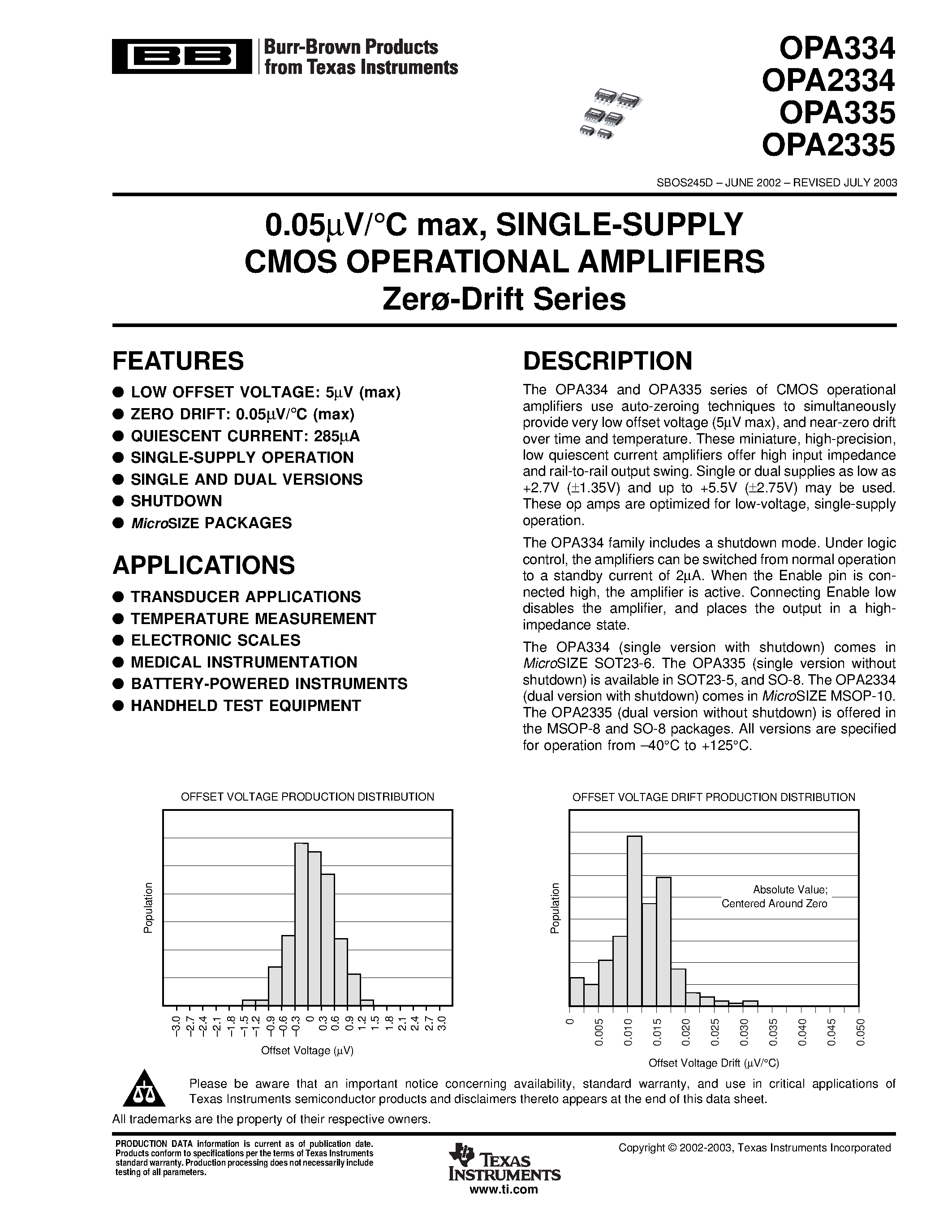 Datasheet OPA334 - 0.05UV/C max / SINGLE-SUPPLY CMOS OPERATIONAL AMPLIFIERS page 1