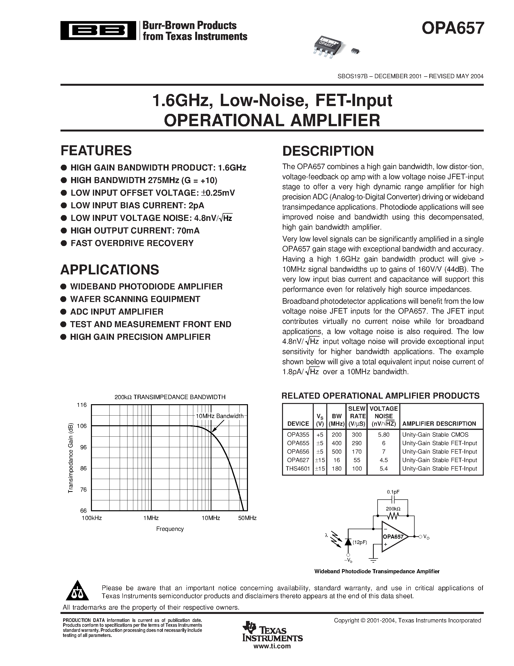 Datasheet OPA355 - 1.6GHz / Low-Noise / FET-Input OPERATIONAL AMPLIFIER page 1
