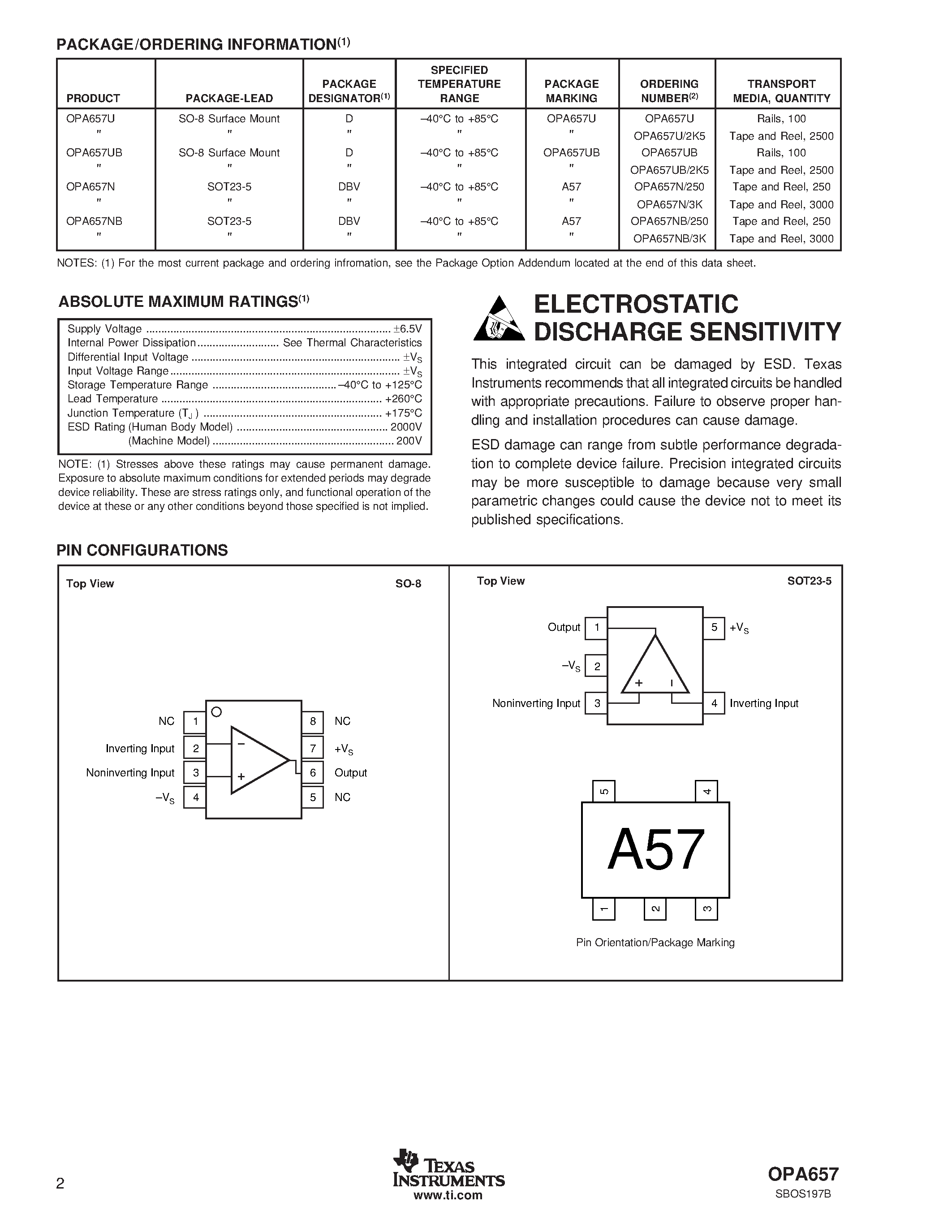 Datasheet OPA656 - 1.6GHz / Low-Noise / FET-Input OPERATIONAL AMPLIFIER page 2