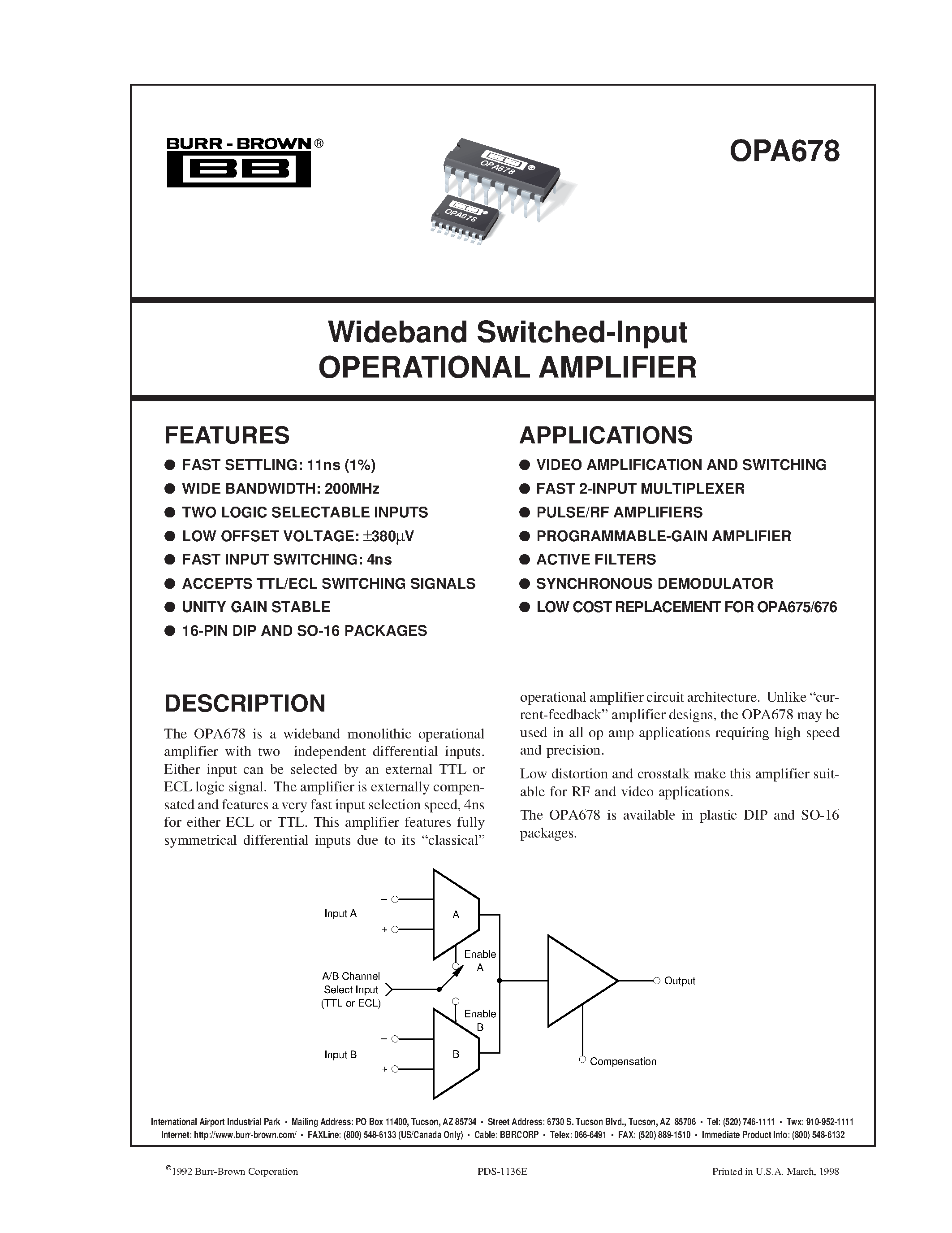 Datasheet OPA678 - Wideband Switched-Input OPERATIONAL AMPLIFIER page 1