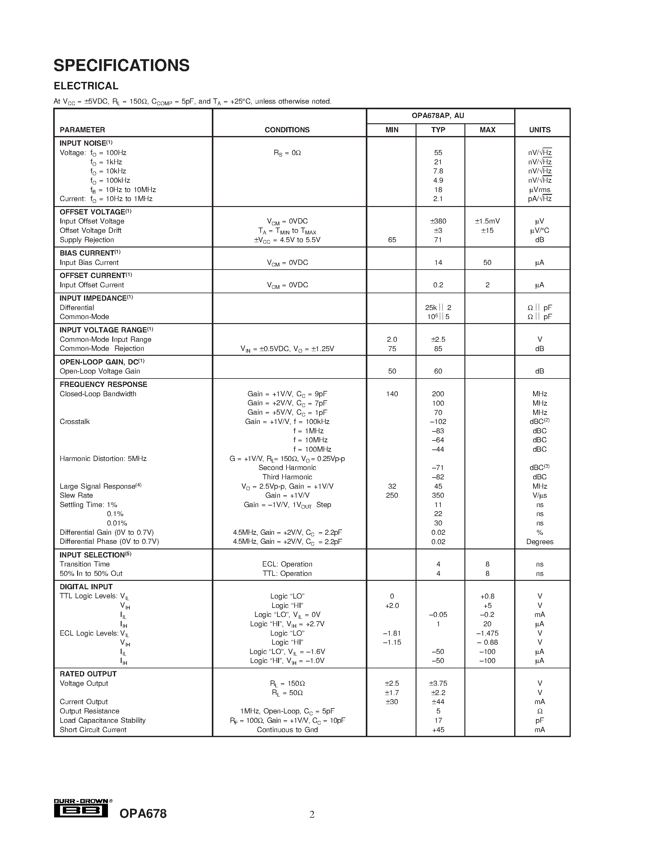 Datasheet OPA678 - Wideband Switched-Input OPERATIONAL AMPLIFIER page 2