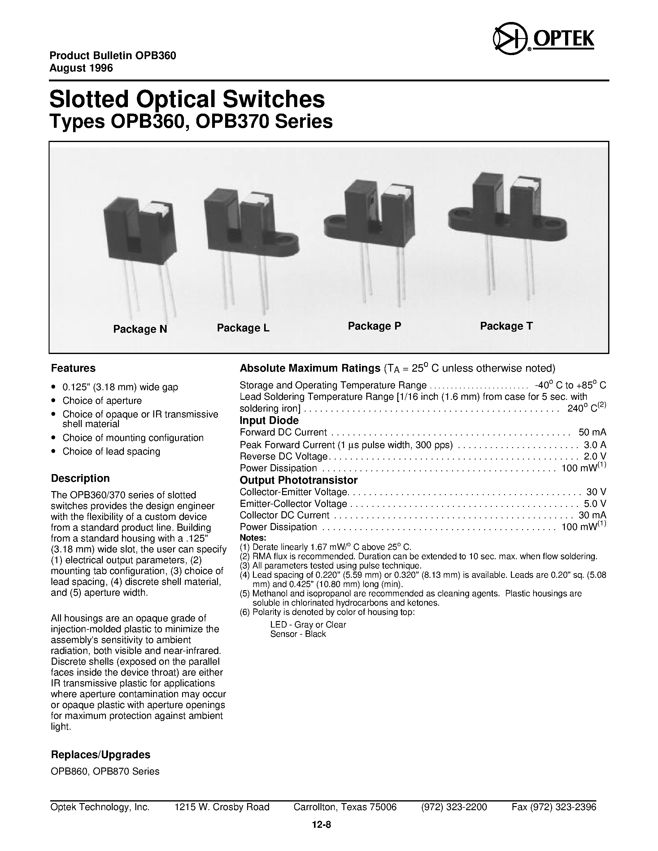Даташит OPB360 - Slotted Op ti cal Switches страница 1
