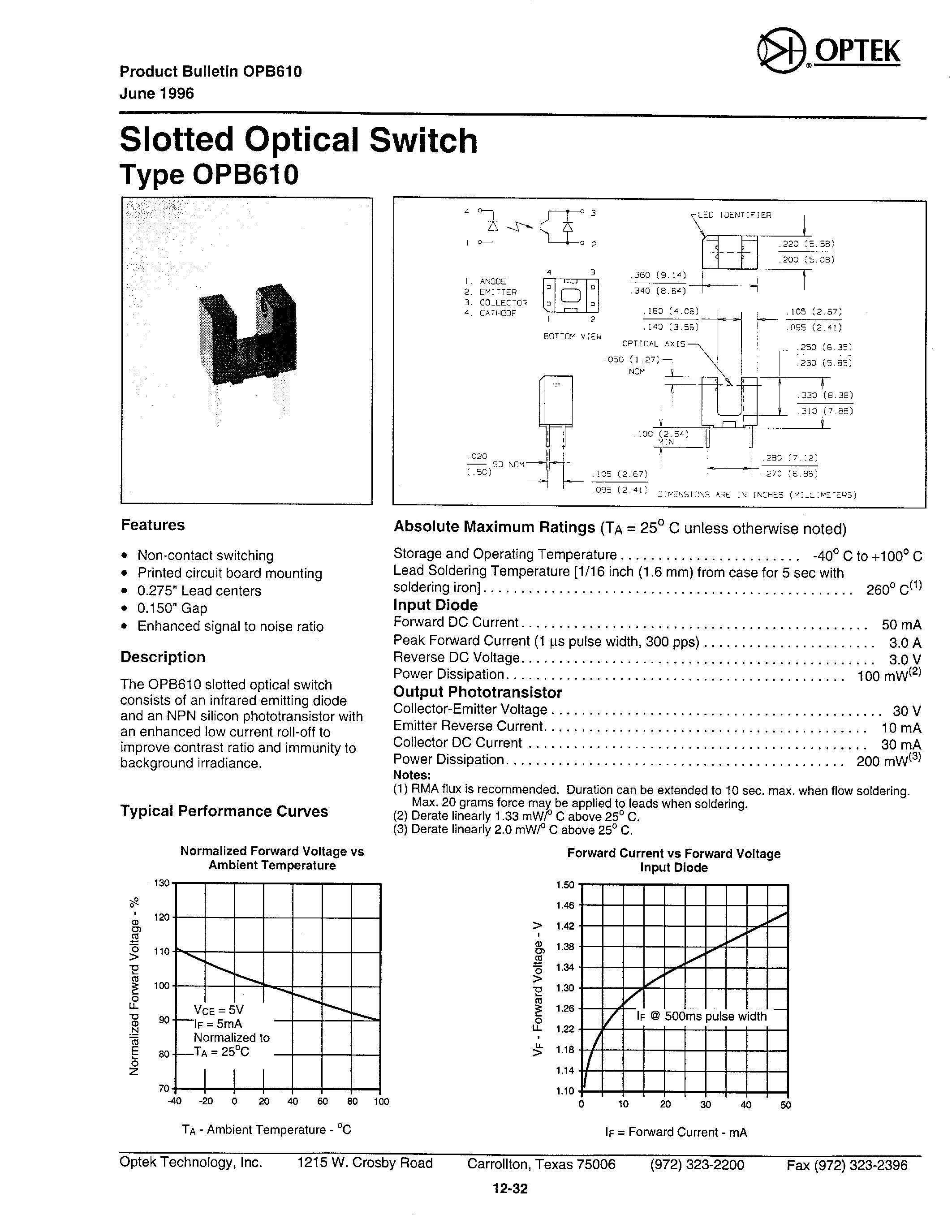 Datasheet OPB6101 page 1 Datasheet OPB6101 - Slotted Optical Switch page 1