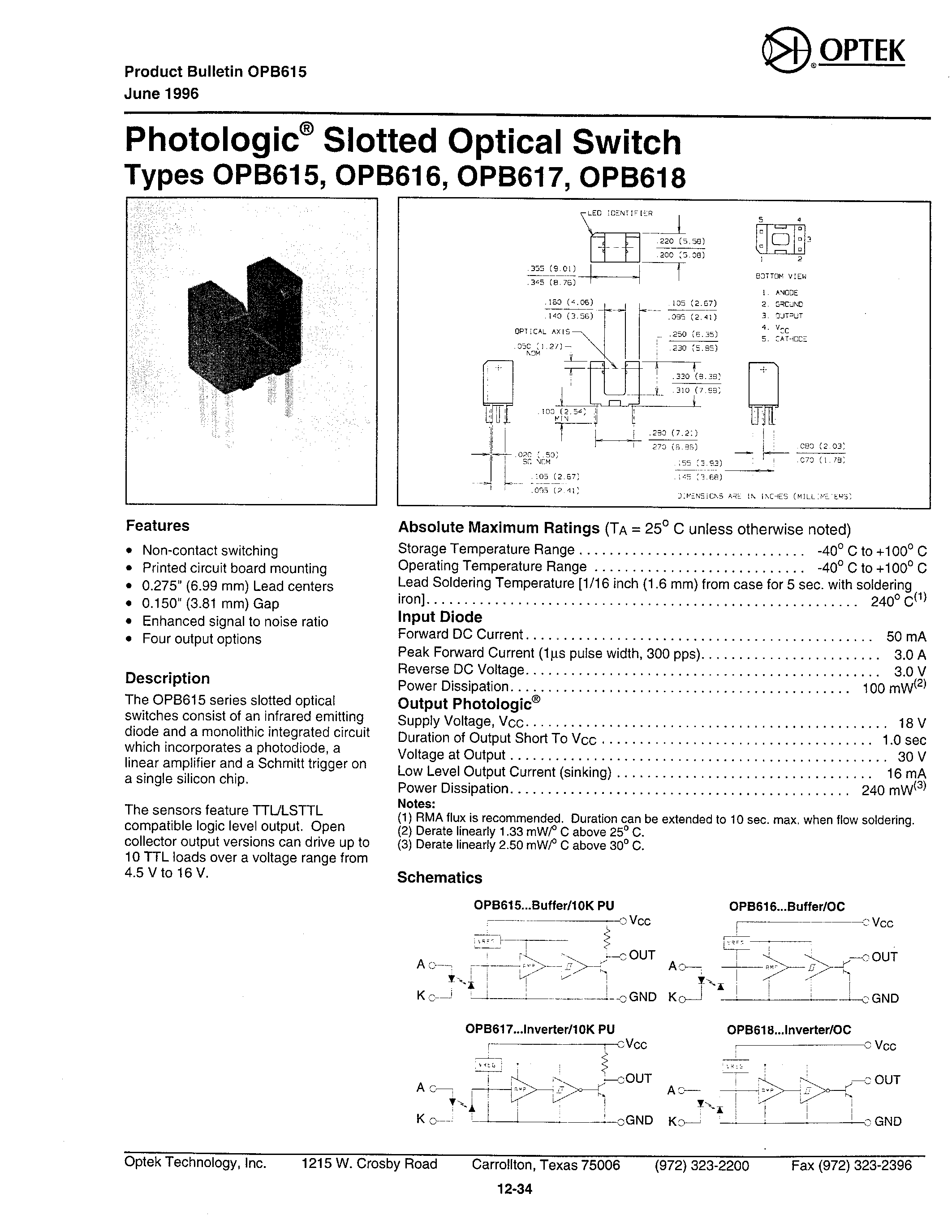 Datasheet OPB615 - PHOTOLOGIC SLOTTED OPTICAL SWITCH page 1