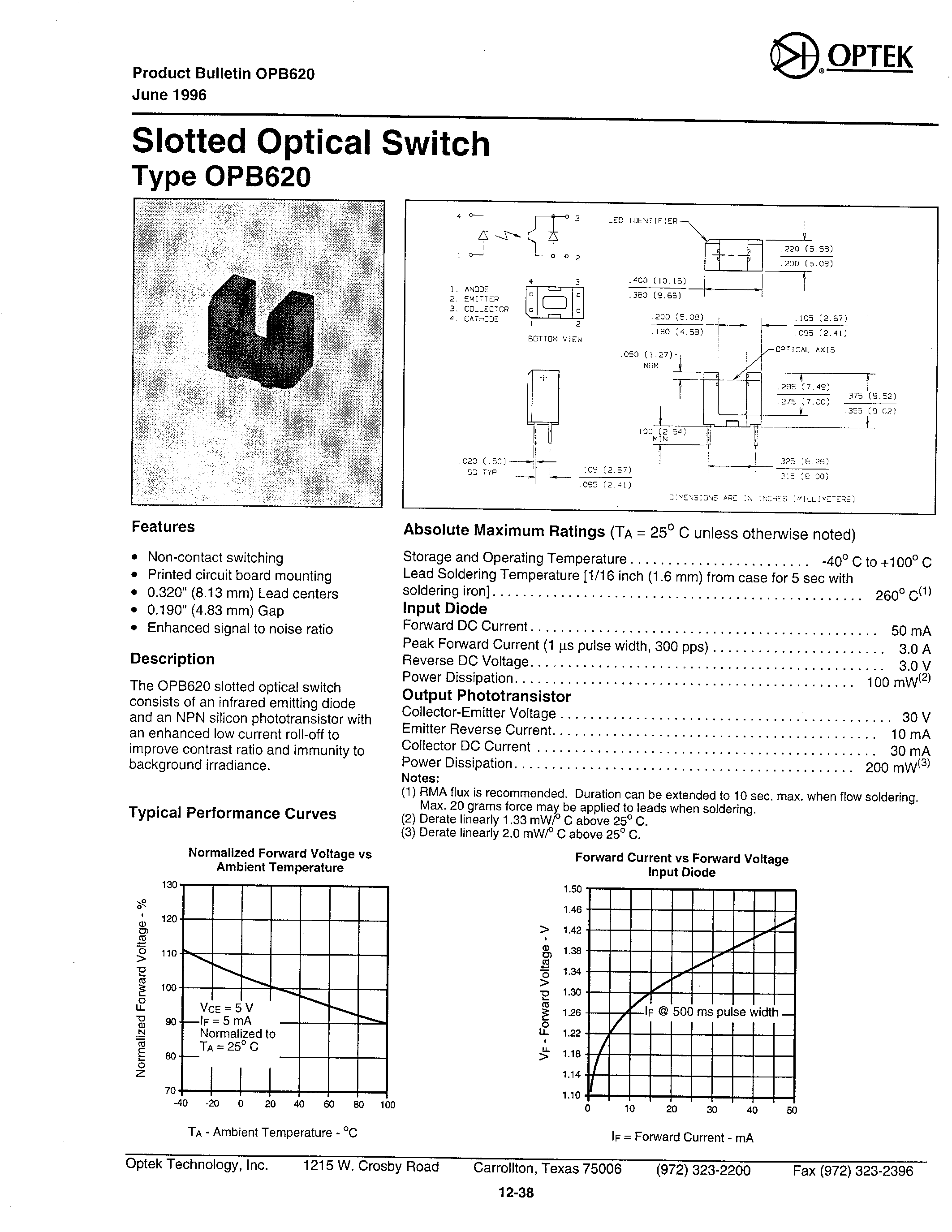 Datasheet OPB620 page 1 Datasheet OPB620 - SLOTTED OPTICAL SWITCH page 1