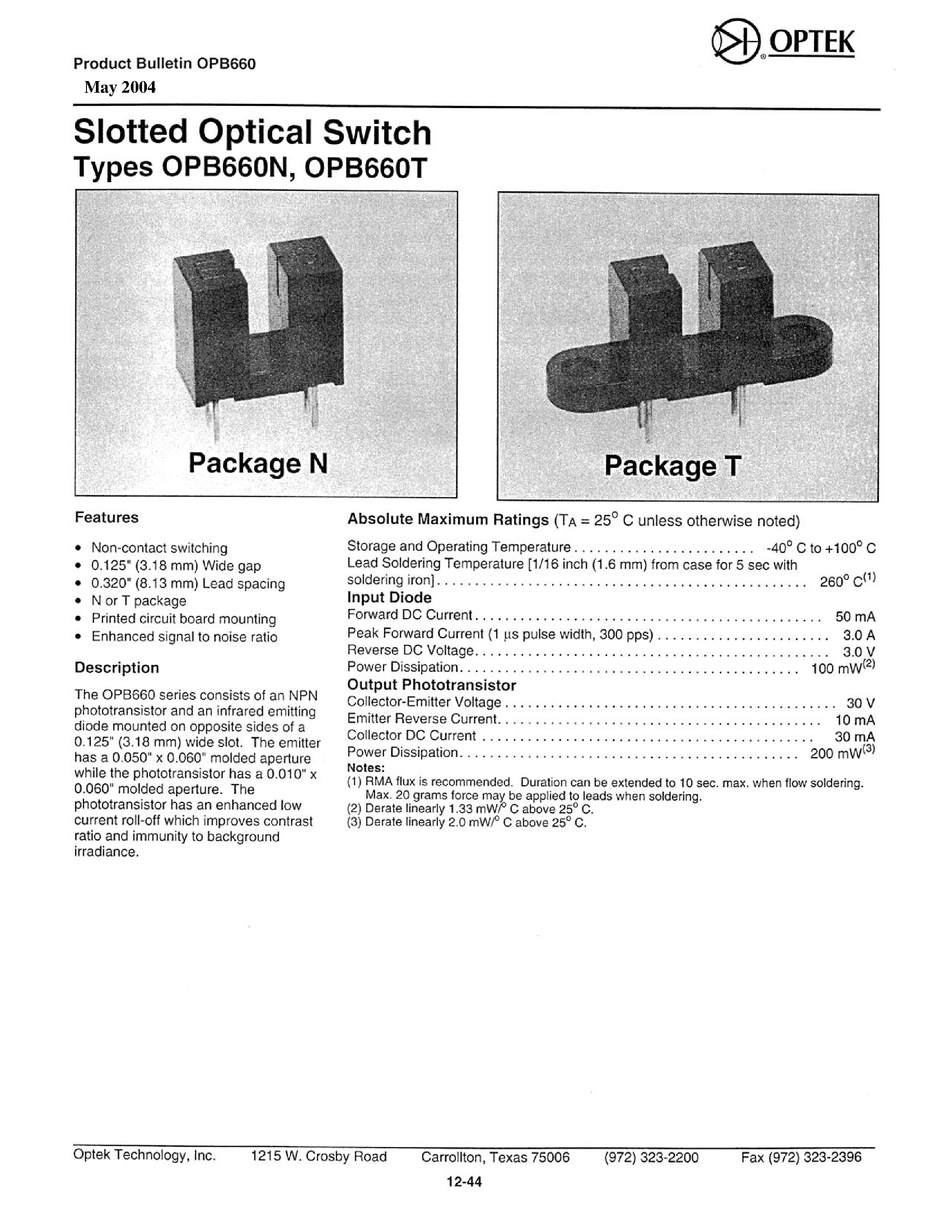 Datasheet OPB660N page 1 Datasheet OPB660N - SLOTTED OPTICAL SWITCH page 1